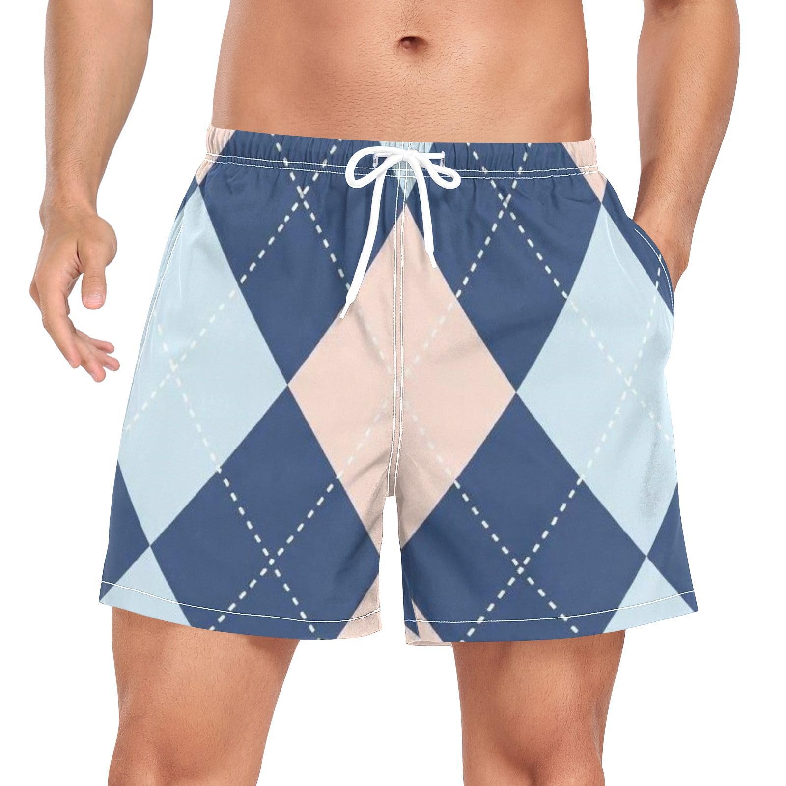 Bañador de hombre azul claro con rejilla de diamantes y secado rápido 8