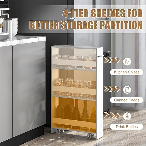 Miniatura 2 de Giantex Carrito de almacenamiento delgado de 4 niveles, carrito de isla angosto rodante, gabinete lateral con asa, carrito de ahorro de espacio,