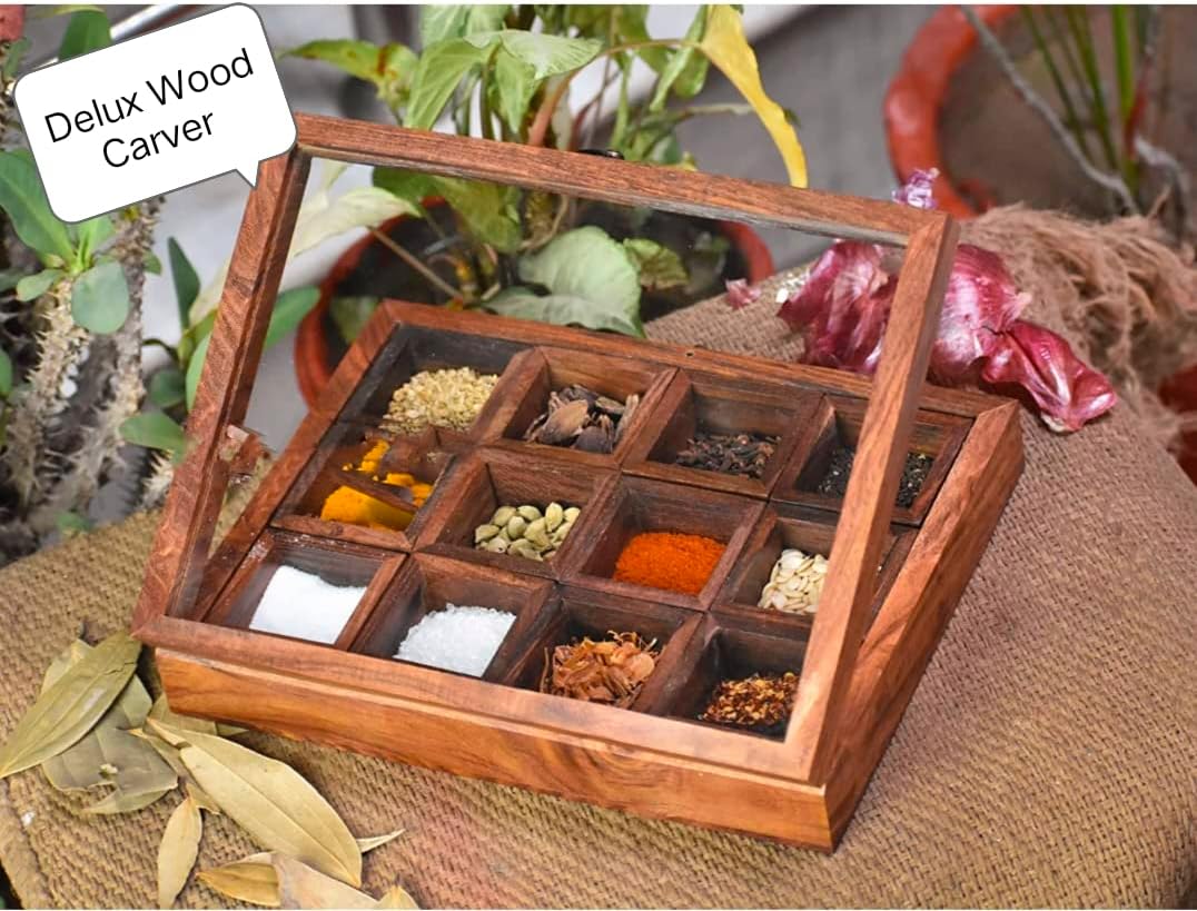 "Twelve Blends Spice Box With 12 Containers & Spoon In Sheesham Wood - Wooden Spice Box Set For Kitchen Masala Spice Boxes Masala Daani Namak Dani Dabba'', Brown