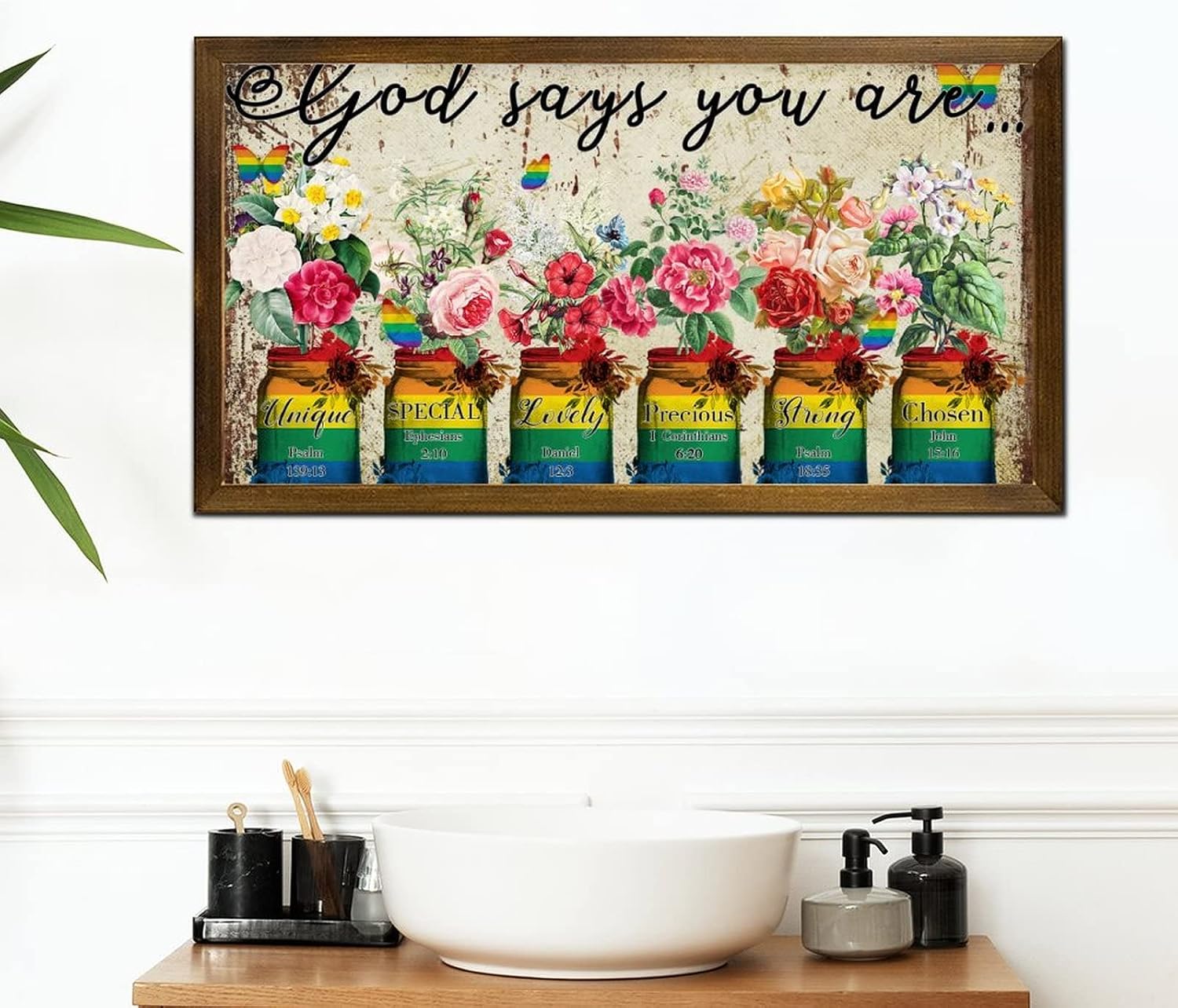 LGBT Religious Inspirational Framed Wood Sign God Says You are Wood Panels Retro Pride and Proud Wood Hanging Wall Art Decoration for Queer Gay Lesbian Latino 12x22 in
