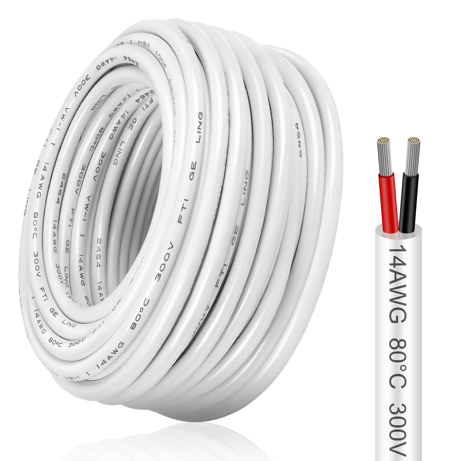 14 Gauge 10M/32.8ft Electrical Wire 2x2.0mm², 2 Core Extension Cable, 14 AWG Flexible 5V/12V/24V/300V Outdoor Cable, White Low Voltage Tinned Copper Wire
