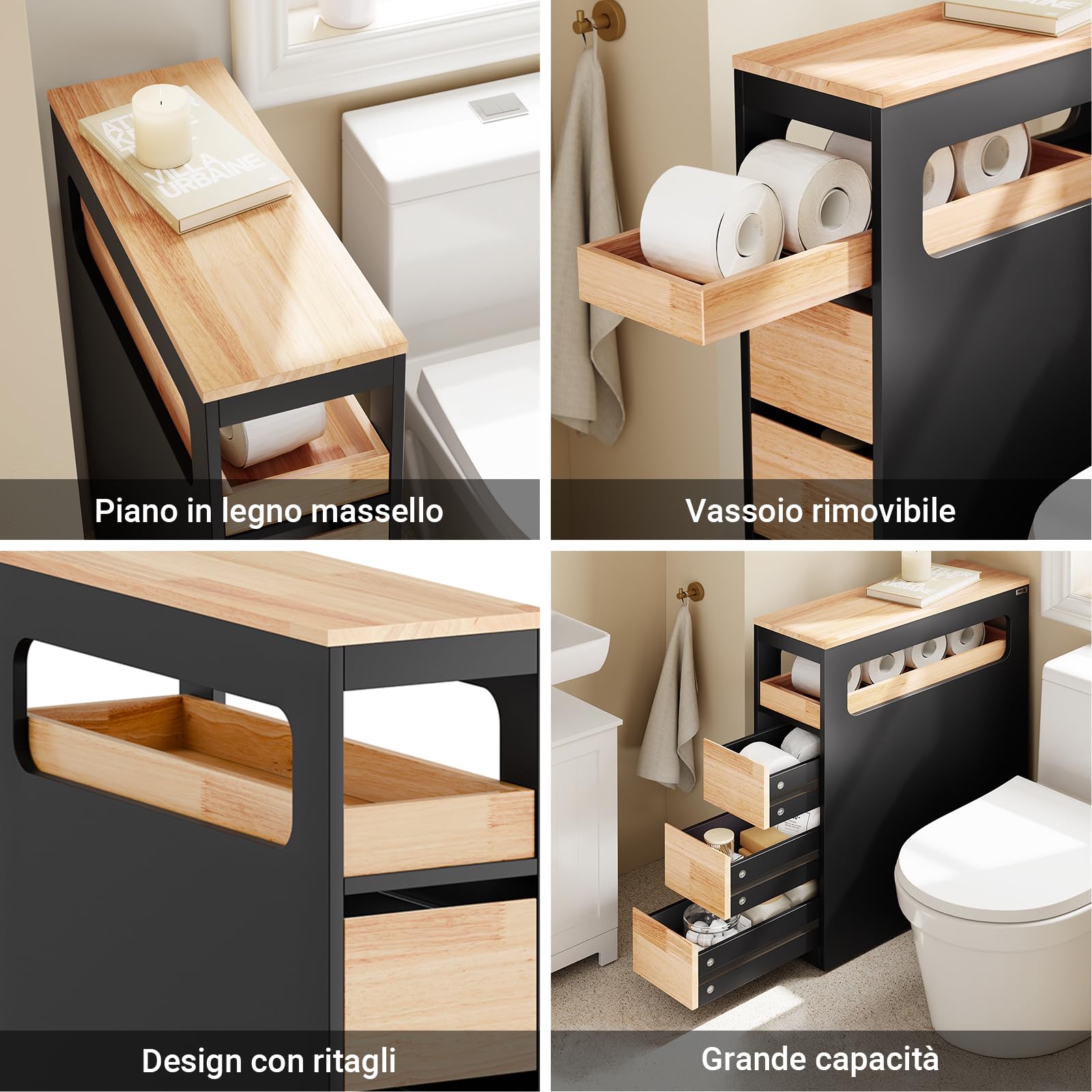 SoBuy Mobiletto Bagno Salvaspazio Cassettiera Bagno Stretto 3 Cassetti con Ruote per Angoli e Nicchie per Piccoli Spazi e Famiglie Nero 65x23x82cm BZR54-II-SCH