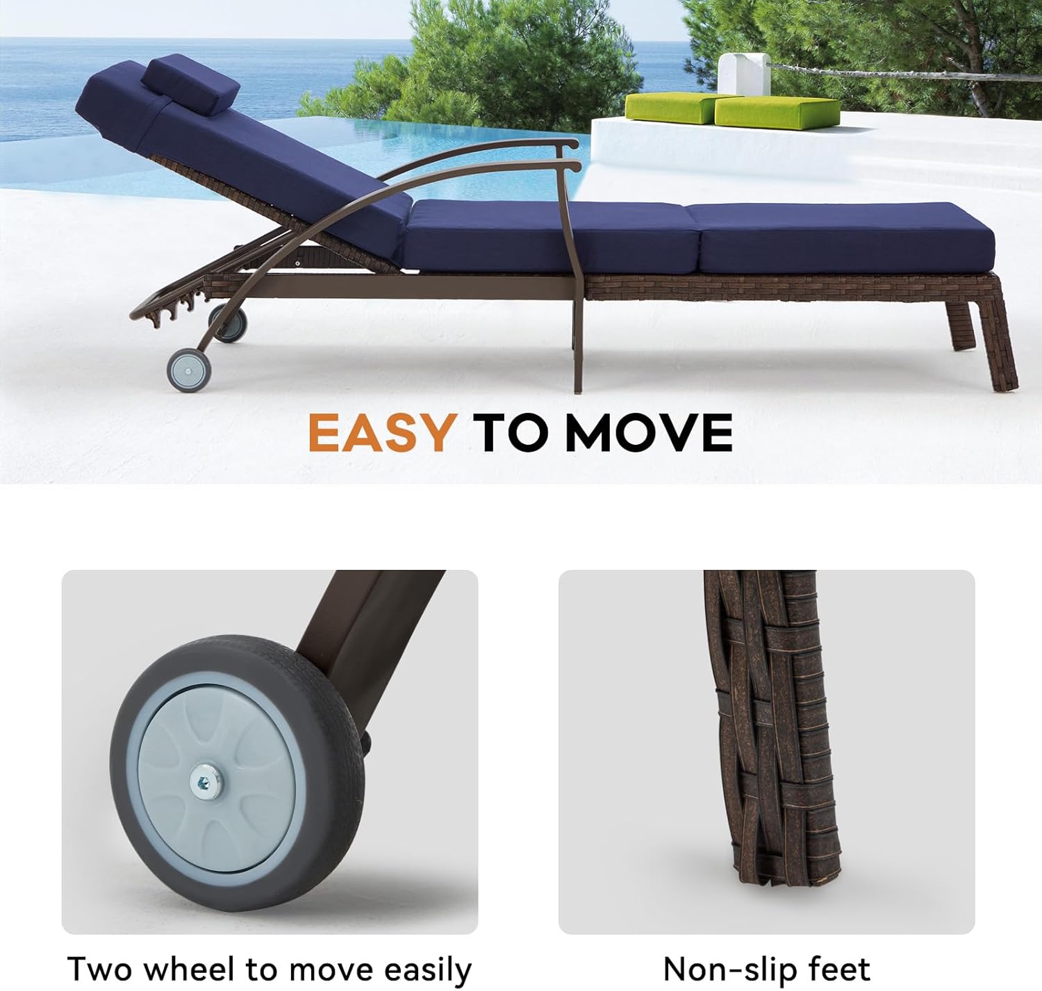 Close-up of the lounge chair's wheels and non-slip feet, highlighting its easy mobility.