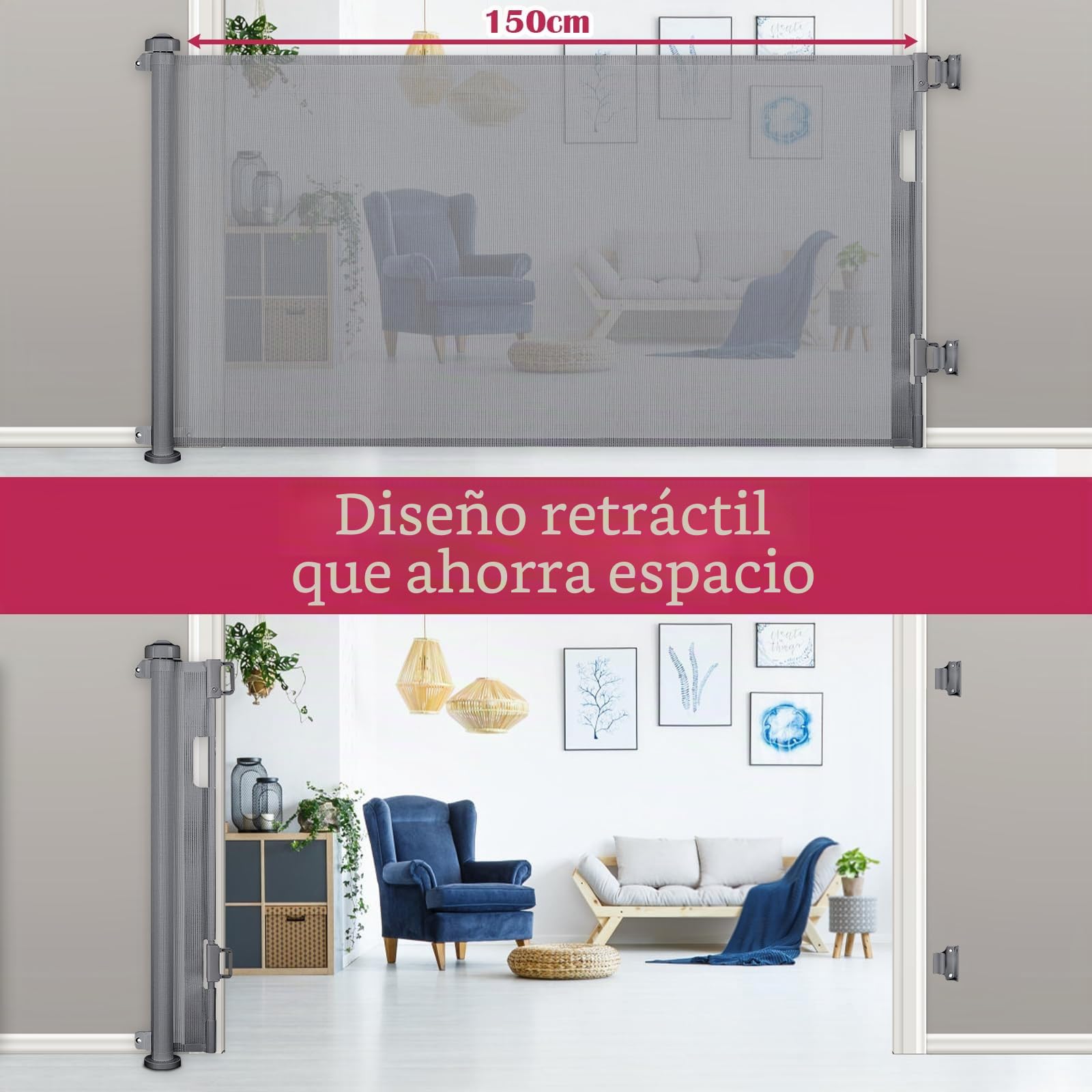 Dioxide Puerta Seguridad Retráctil para Bebés, 0-150 cm, Barrera Seguridad para Escaleras para Niños y Perros, Adecuada para Escaleras, Pasillos, Interiores y Exteriores (Gris)