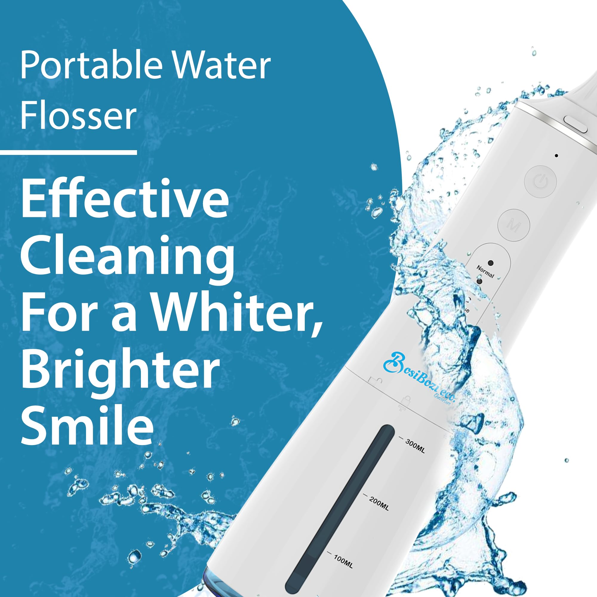 BosiBozi - Hilo dental recargable para dientes, 4 modos, inalámbrico y portátil, tanque de 300 ml, hilo dental impermeable IPX7, cable de carga USB-C, 3 cabezales de chorro, 1 raspador de lengua