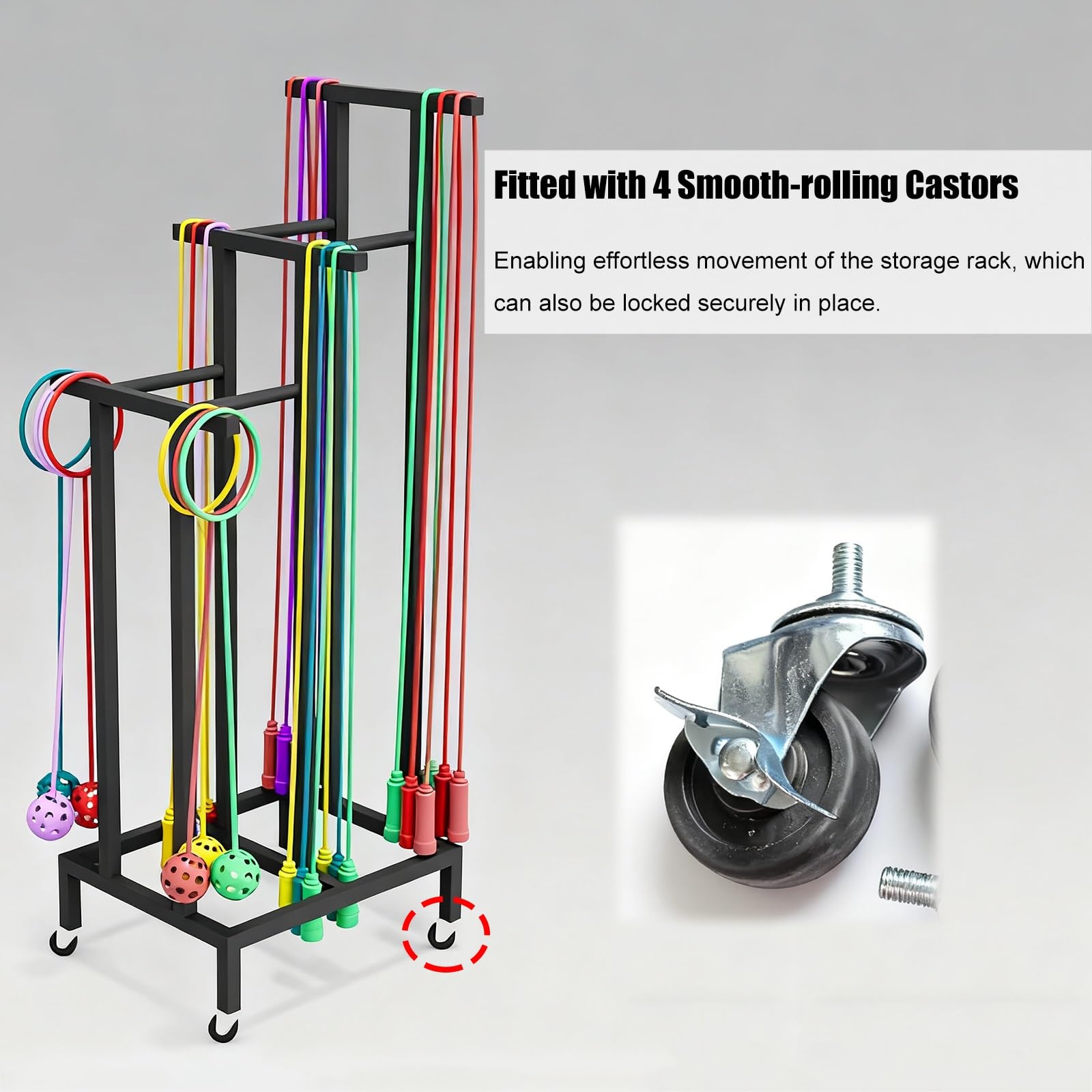 Supporto per Hula Hoop Carrello in metallo per hula hoop, anello da ginnastica e supporto per corda da salto con ruote, espositore per attrezzature sportive per studi yoga