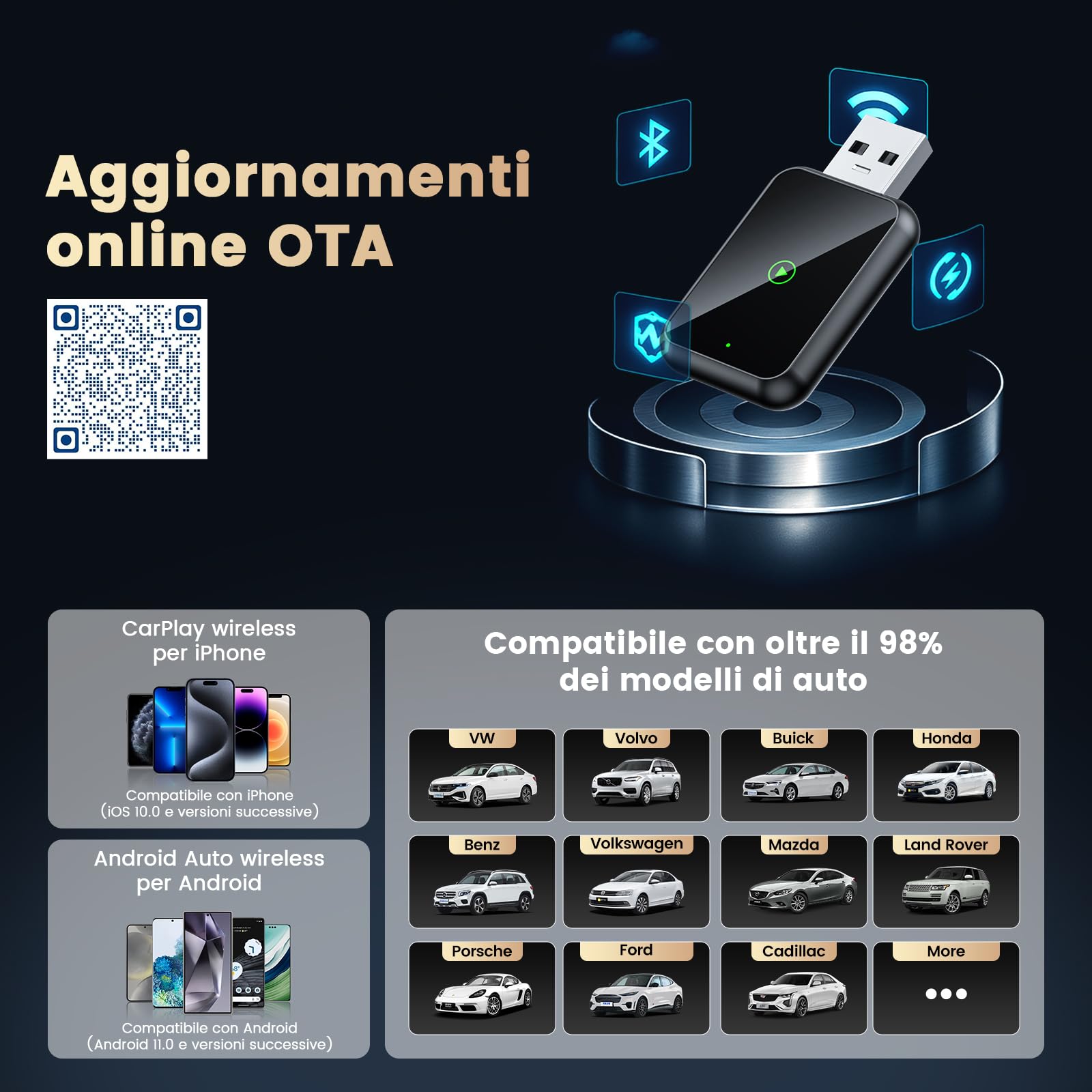 Mini adattatore wireless CarPlay 2 in 1, adattatore wireless per auto Android, Plug & Play, USB-A/C, connessione rapida stabile, compatibile con iOS 10+ e Android 11+, aggiornamento senza fili, nero