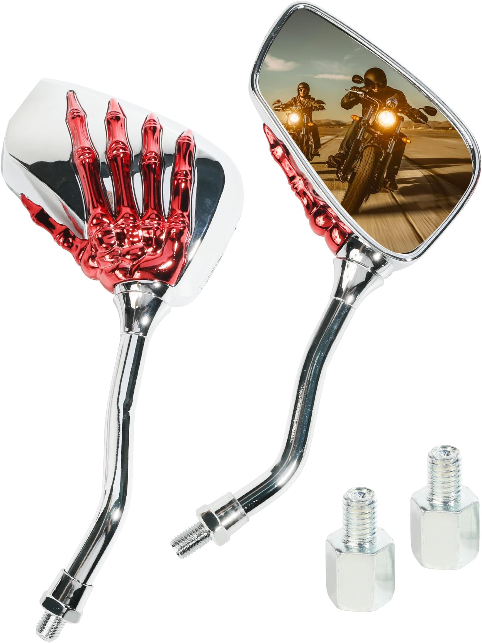 bylikeho Pairs of Motorcycle Mirrors,Universal 8mm 10mm Motorcycle Rear View Mirrors,Car Accessories Skull Skeleton Hand Bike Mirror,Rearview Side Mirror for Motorcycle Bike (Red)