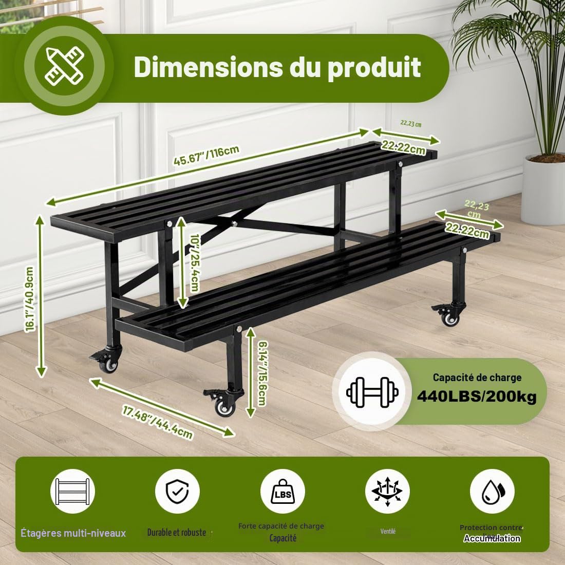 Étagère à Fleurs 2 Étages Métal roulettes Noir pour Intérieur et Extérieur