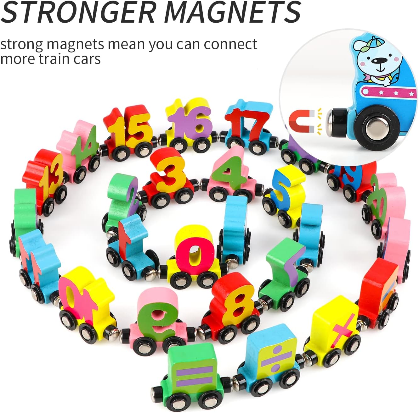 Wondertoys 27 PCS Wooden Magnetic Number Train Set Toy Compatible with Major Brands Train Set Tracks