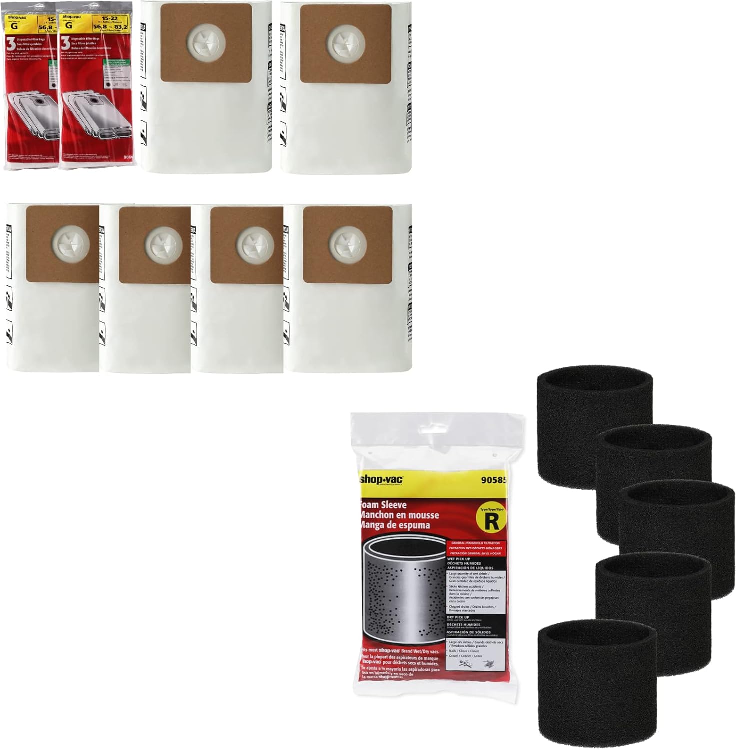 Shop-Vac 90663 Filter Bags+Shop-Vac 90585 Foam Sleeve Filter Replacements