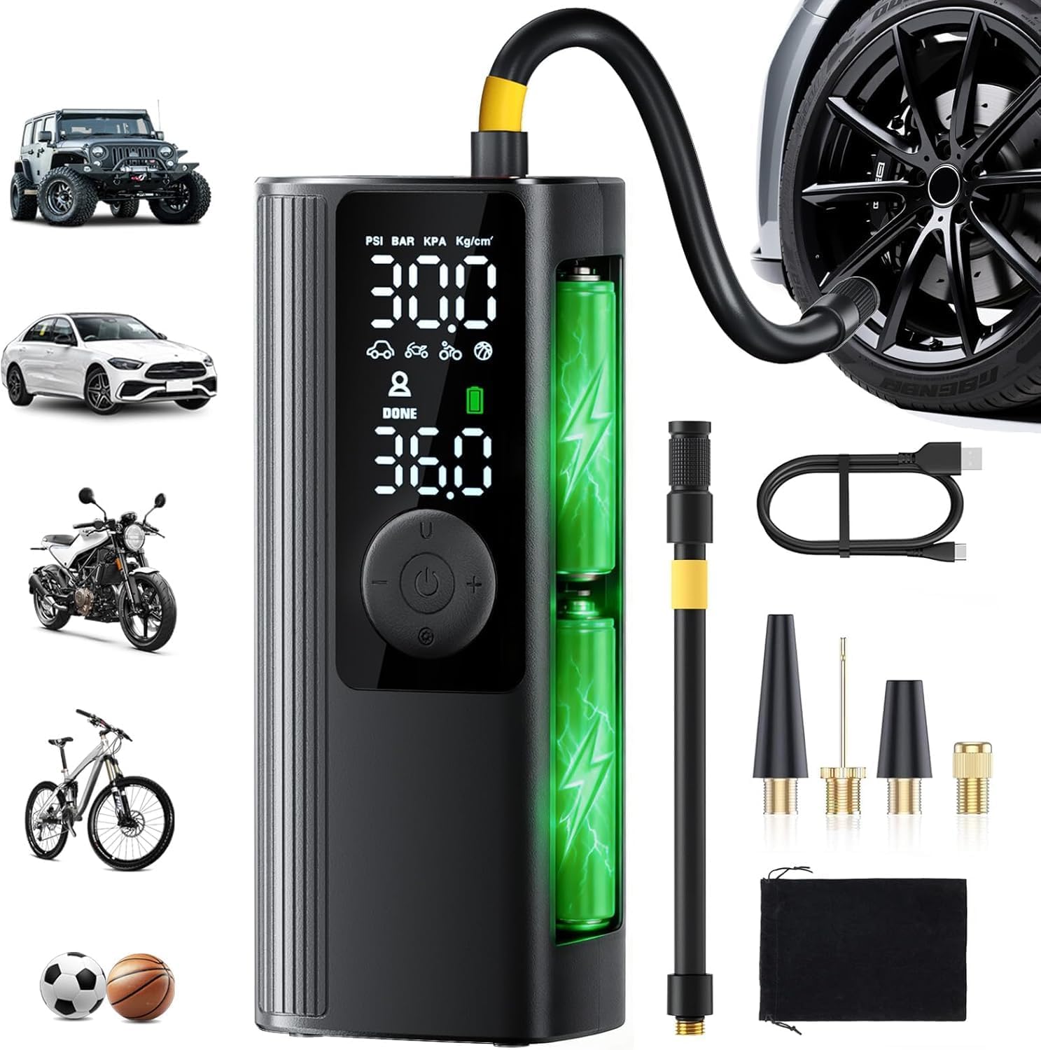 Tire Inflator Portable Air Compressor, 3X Faster Inflation Cordless Air Pump for Car Tires with Digital Pressure Gauge/LED Light, 150PSI Tire Pump with Auto Shut-Off for Car, Motorcycle, Bicycle, Ball