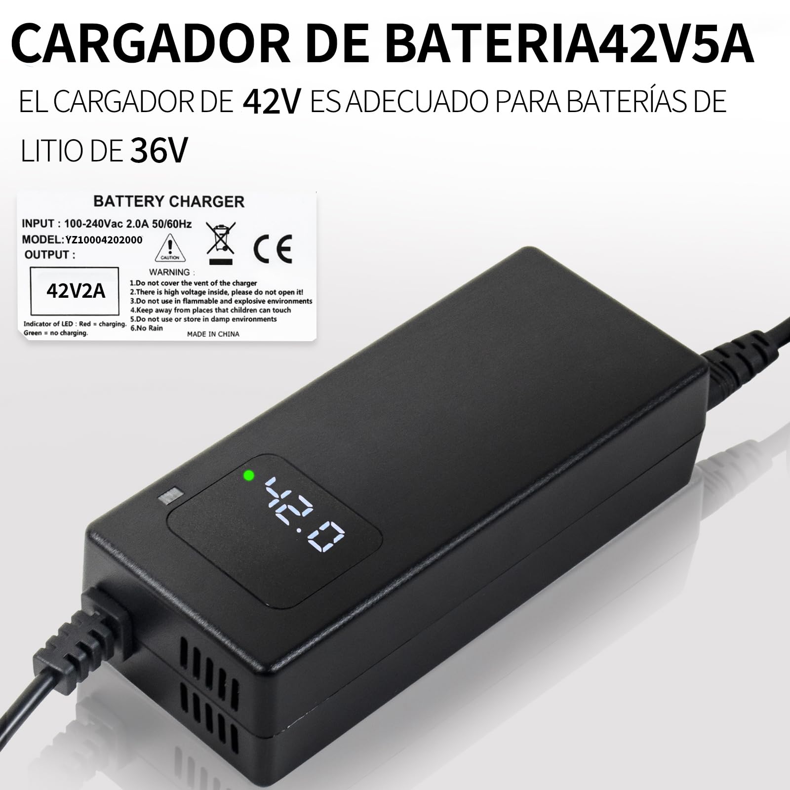 Cargador rápido 42V Li-Ion 36V, Bicicleta eléctrica y Patinete eléctrico | Pantalla LED, múltiples protecciones, certificación CE y conectores RCA de 8 mm y DC de 5,5 x 2,1/2,5 mm.