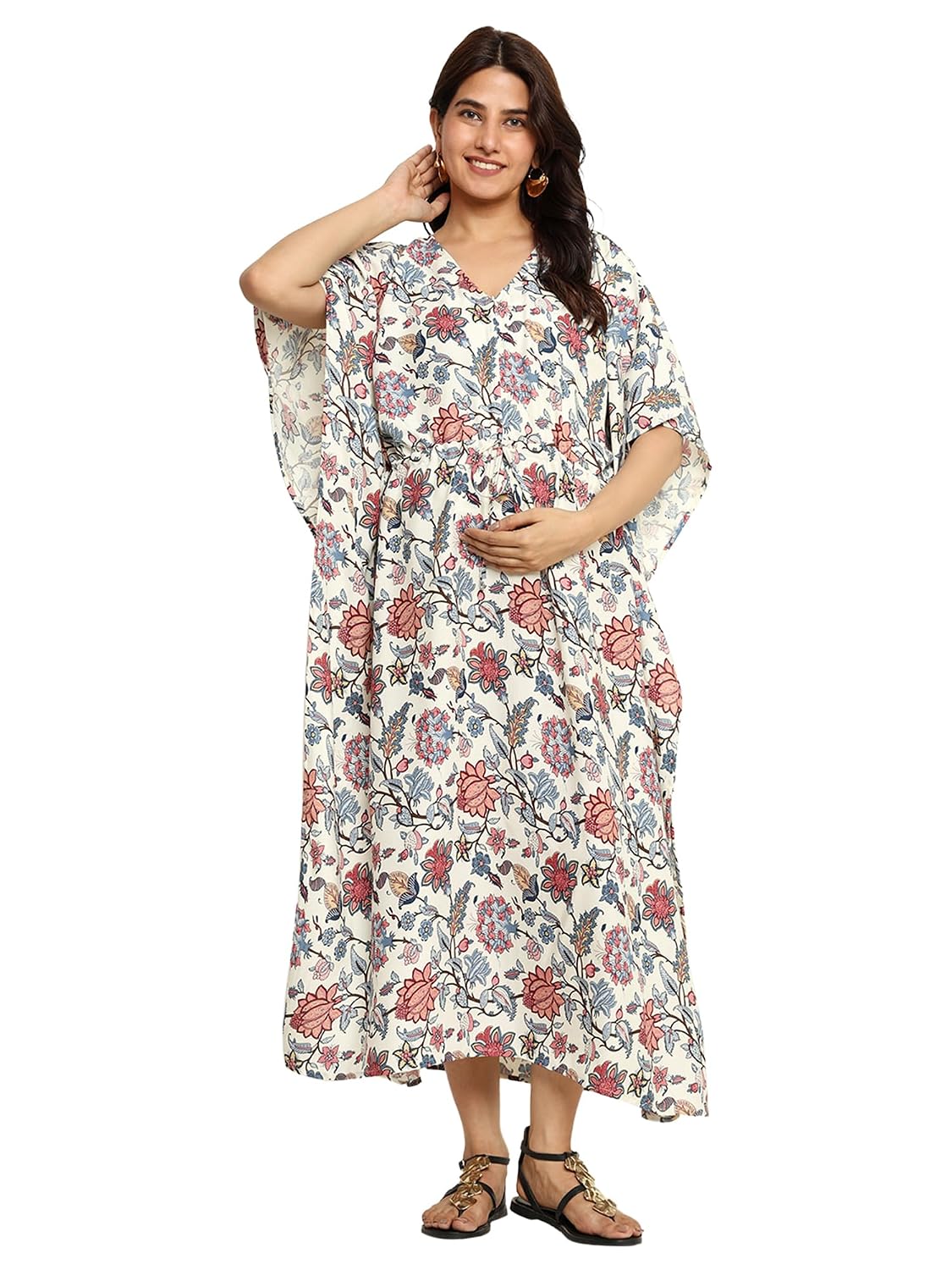 CRAFTBAZAR Women Rayon White Floral Multi Colour Feeding Maternity Kaftan Nighty