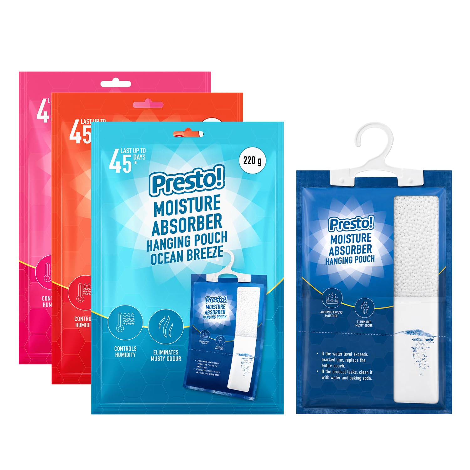 Amazon Brand - Presto! Moisture Absorber Hanging Bag (220g) | Scented | Ocean Breeze, Rose, Citrus | Pack of 3-image-24