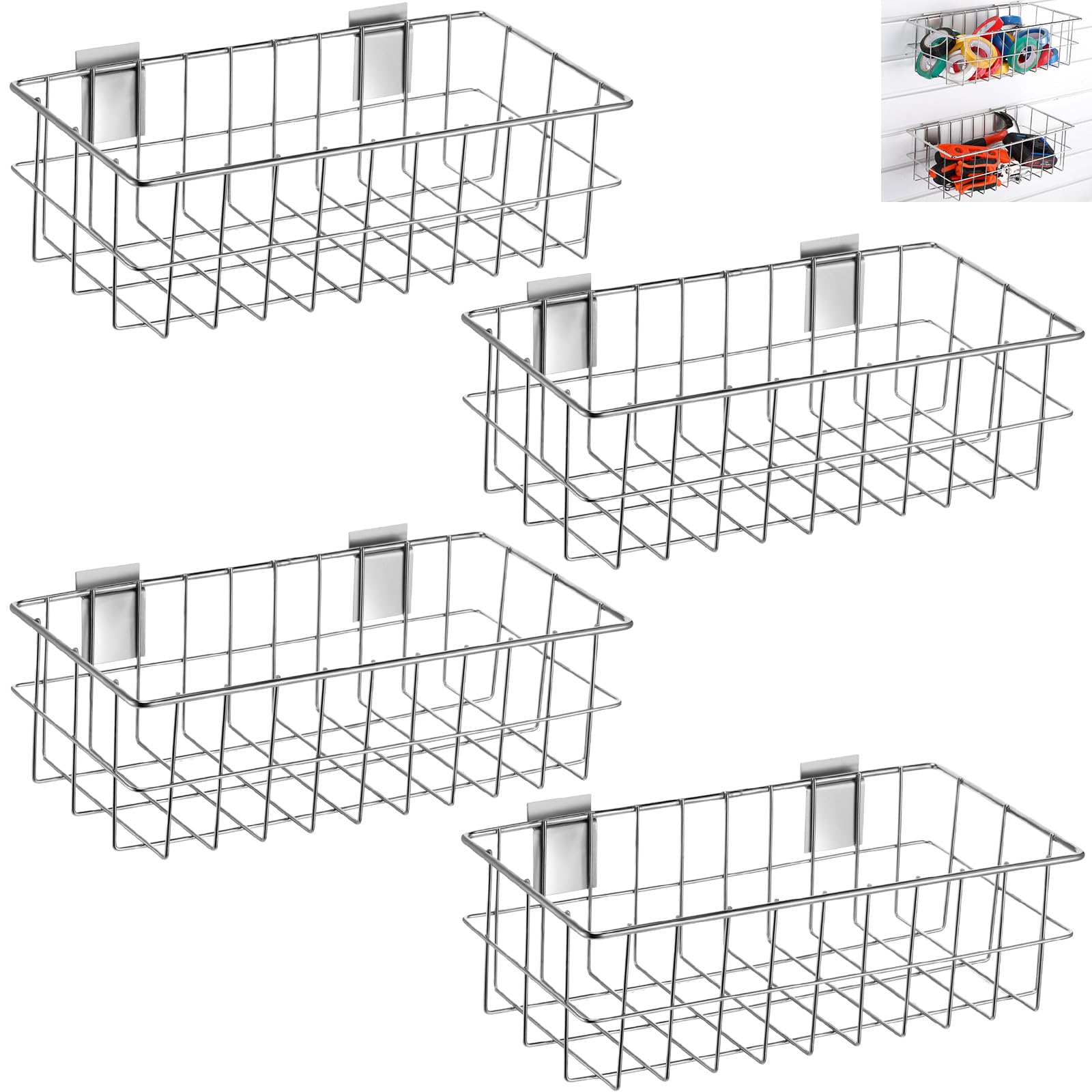 Hicarer 4Pcs Slatwall Basket Set Ventilated Metal Slatwall Baskets Hanging Storage Baskets for PVC Slatwall, Mounted Slatwall Accessories Storage Display on Garage Slatwall Panels (Silver,12.5x6.5x4)