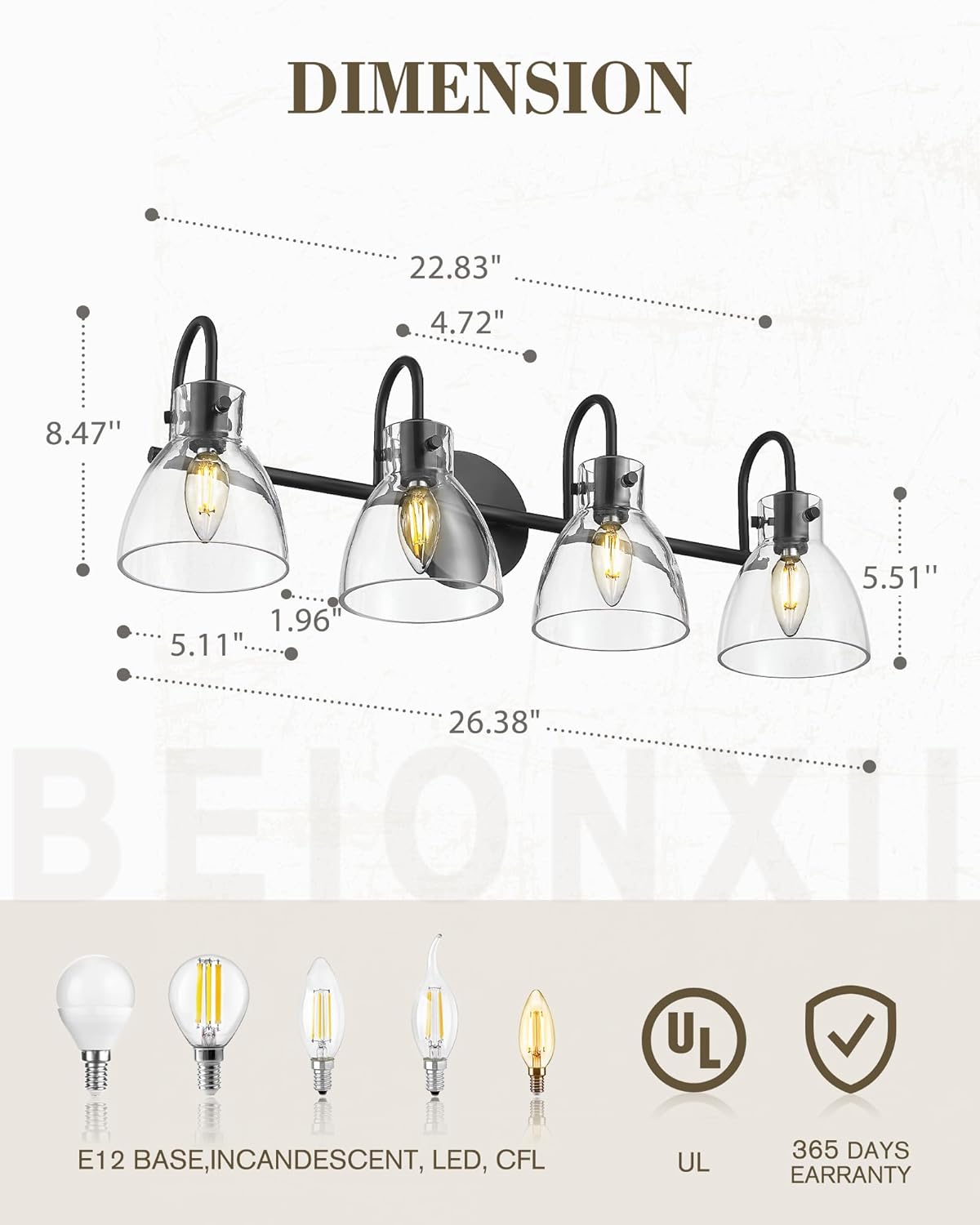 Beionxii 4-Light Bathroom Light Fixtures, Bathroom Vanity Light with Clear Glass Shade, Modern Vanity Lighting Fixtures Over Mirror Living Room Hallway, BX-VL02MB-4CG