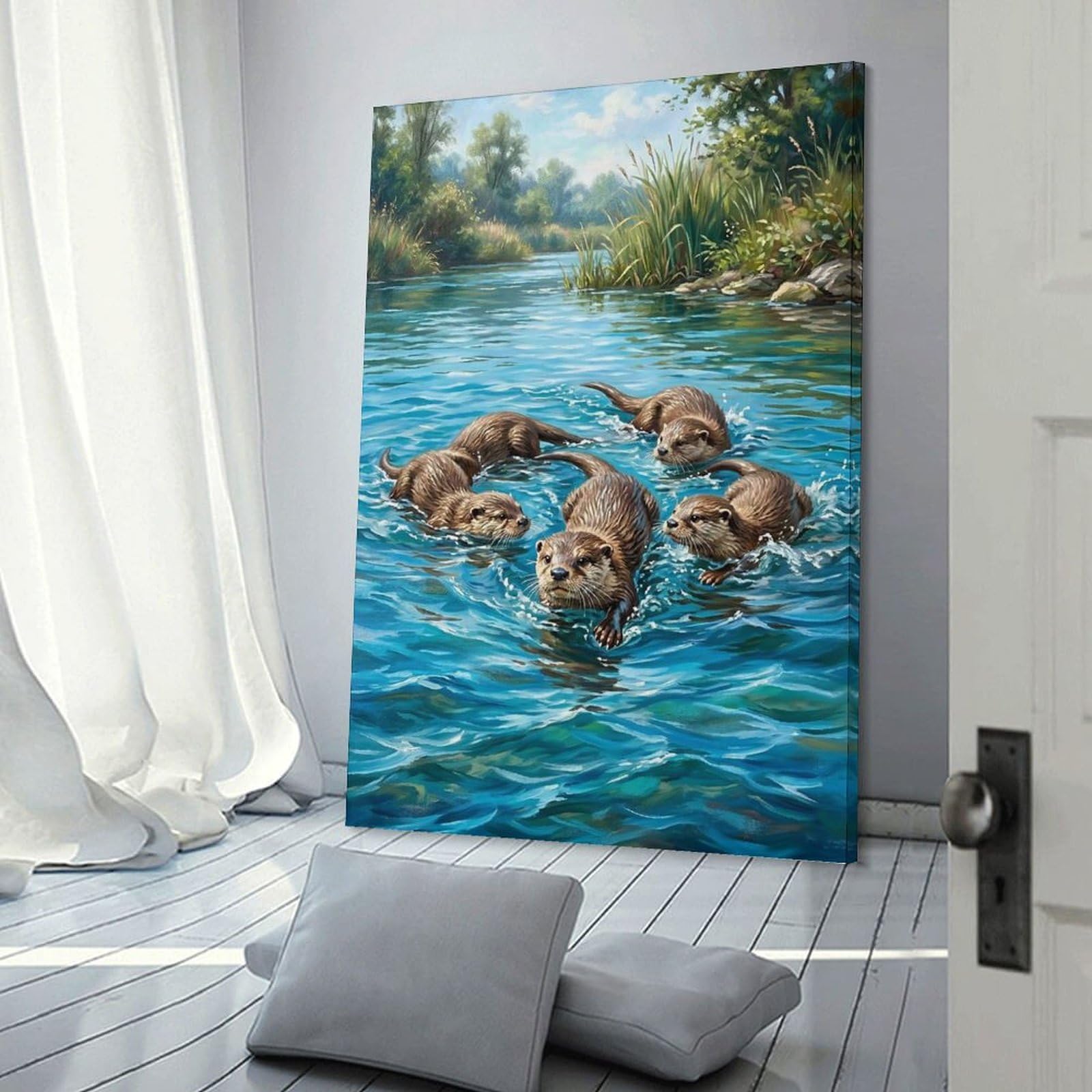 Junmoney Otters Playing in A River Canvas Wall Decor, 20x30inch(50x75cm), for Art Walls, Layered Displays Or Homes, Home Wall Art for Statement Displays