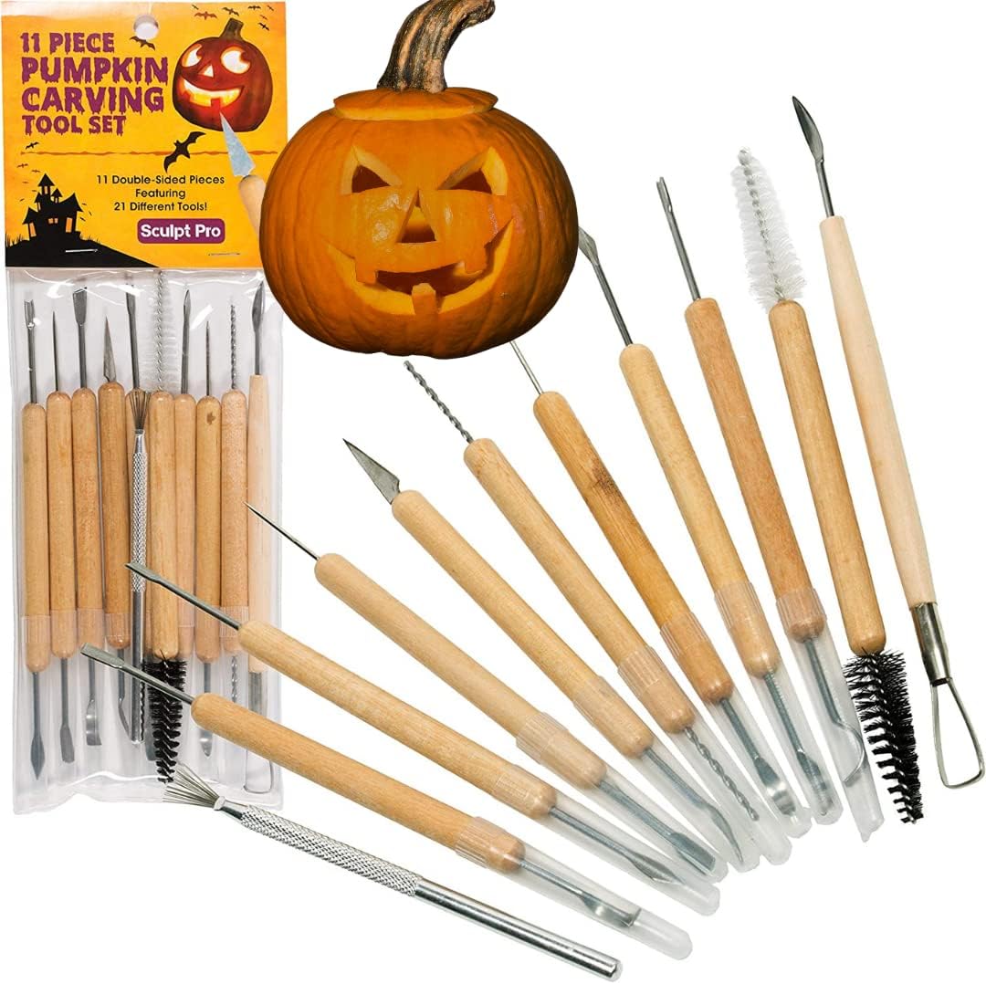 Pumpkin Carving Tools- Halloween Sculpting Kit with 11 Double Sided Pieces (21 Tool Set) for Jack-O-Lanterns and More