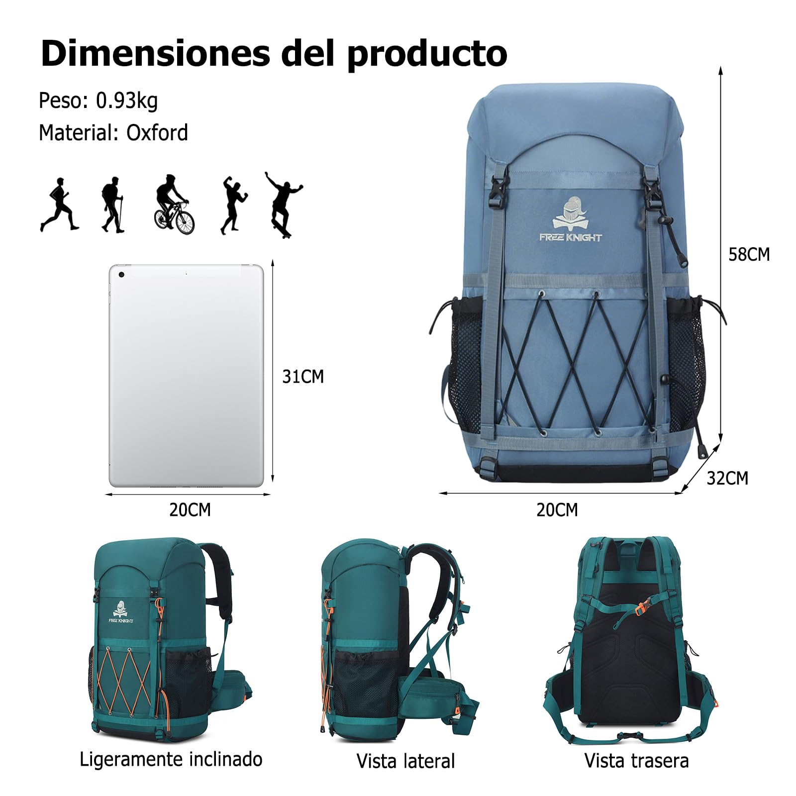 Sac à Dos de Randonnée Outdoor 40L Daypack Camping Imperméable Grand Sac à Dos en Tissu Oxford Backpack pour Femmes Hommes Voyage Trekking Escalade Bleu Clair