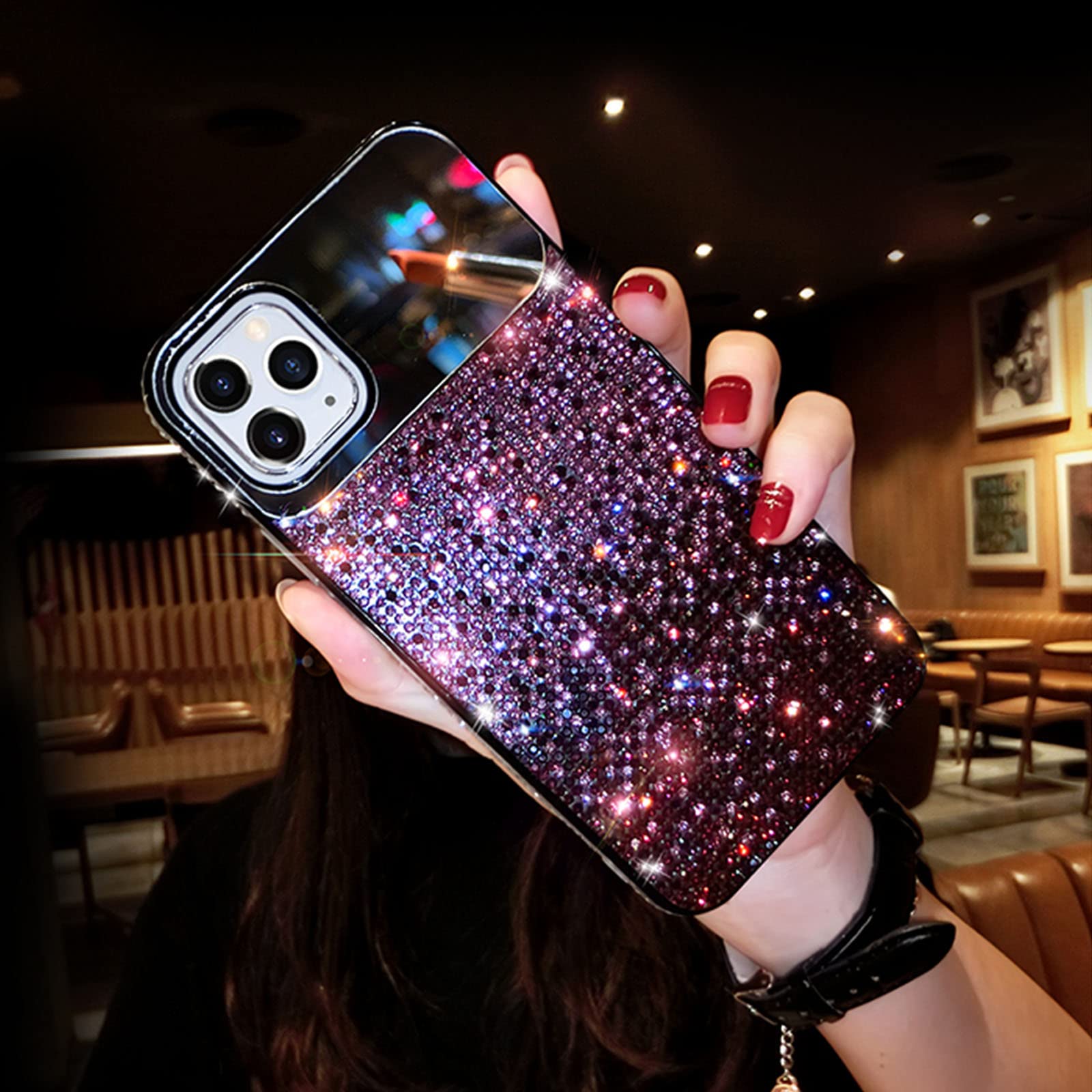 Custodia Glitter Cristallo Con Specchio Per IPhone 14/14 Pro/14 Plus/14 Pro Max – Viola, Con Strass E Diamanti, TPU Morbido - 3