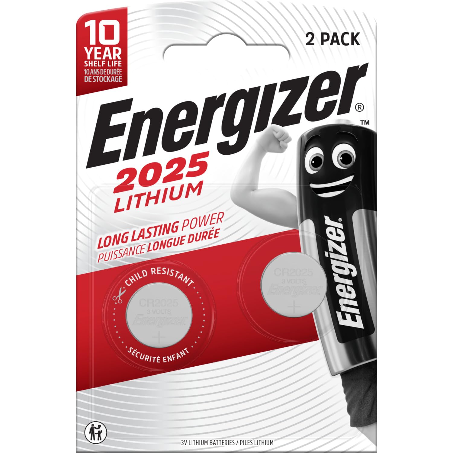 Energizer CR2025 Batteries (2 Pack) - Lithium 3V Coin Battery - Car Key Fobs, Watches, Home/Medical/Fitness Devices - 10 Year Shelf Life - Child Resistant Packaging