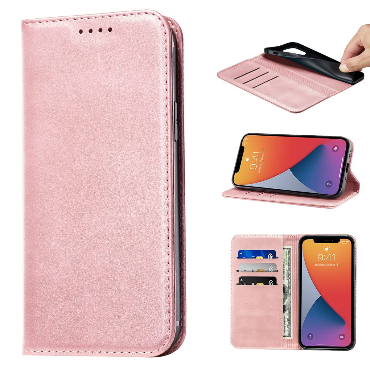 iPhone 13 Wallet Case PU Leather Case Card Holder Shockproof Flip Cover - Rose gold