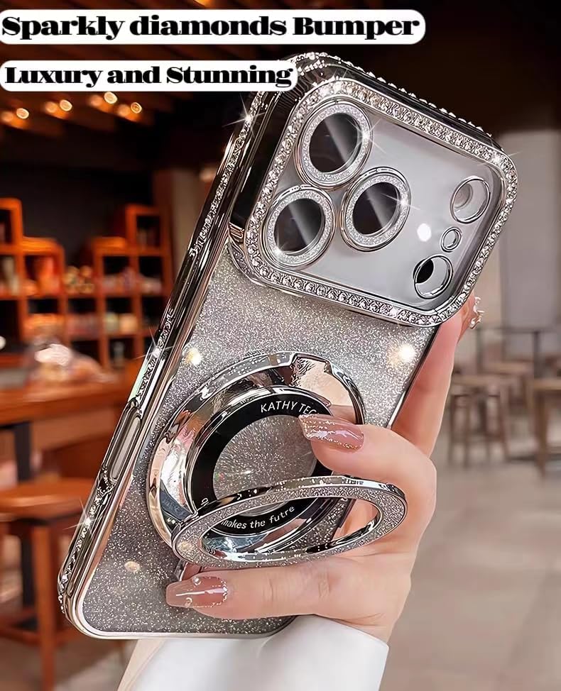 Magnetic Stand Glitter Case for iPhone 17 Pro Max, [Comatible with Magsafe], Luxury Cute Sparkly Bling Diamond Camera Lens Protector 2in1 Women Girls Soft Phone Cover Case for iPhone 17 Pro Max,Silver - Image 2