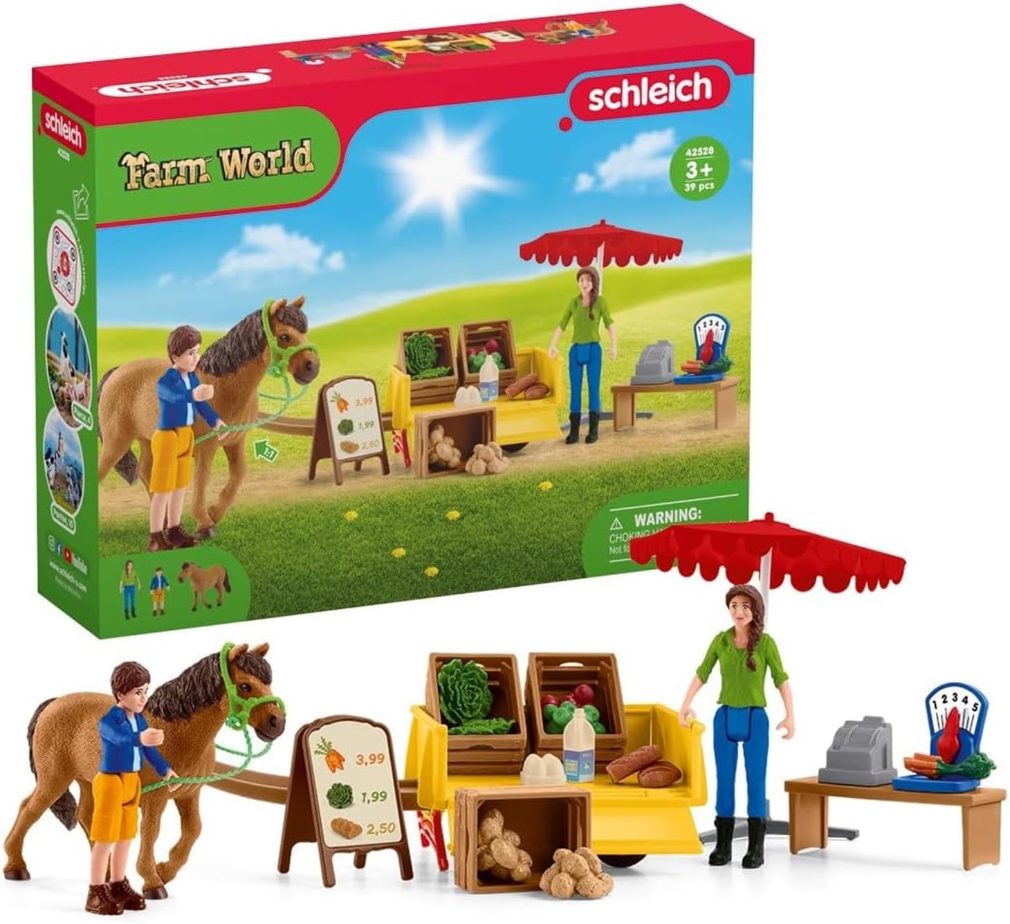 Schleich Sunny Day Mobile Farm Stand Playset - Farm Toys with Farmer Dolls, Horse & Produce Stand - Ages 3+