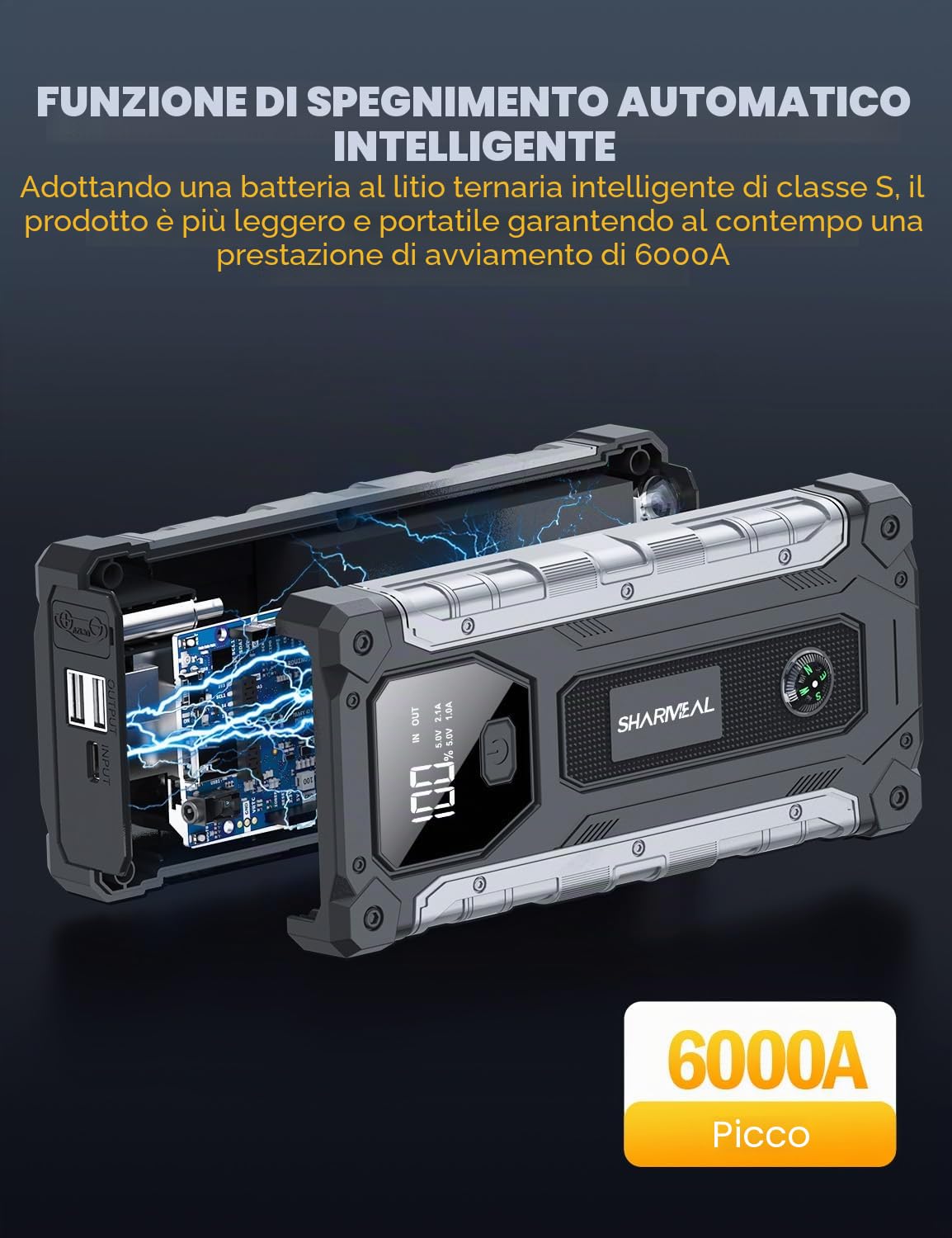 SHARMEAL Avviatore Batteria Auto 10000A, Avviatore di Emergenza per Auto per Motori Tutti Benzina e 10.0L Diesel, Portatile 12V Booster Avviamento con Torcia, Cavo di Avviamento, Ricarica USB
