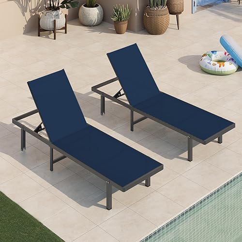 Miniatura 16 de Sillones de piscina, tumbona al aire libre con ruedas y sillón reclinable de 5 posiciones, fácil de mover, silla de aluminio para patio, junto a