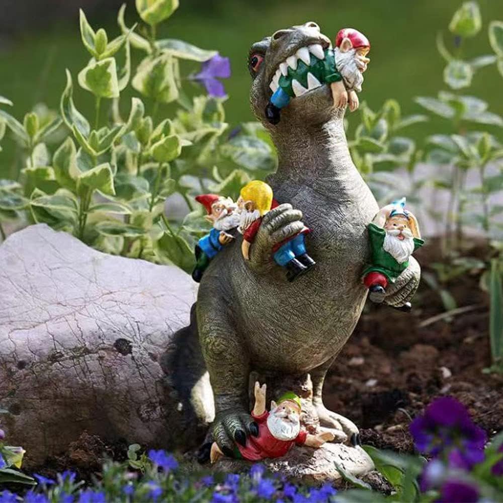 Garden Gnomes Outdoor Waterproof Garden Ornaments Dinosaur Eating Gnomes Figurines Funny Miniature Resin Gnome Statues for Indoor Outdoor Yard Lawn Decor & Gardening Gifts