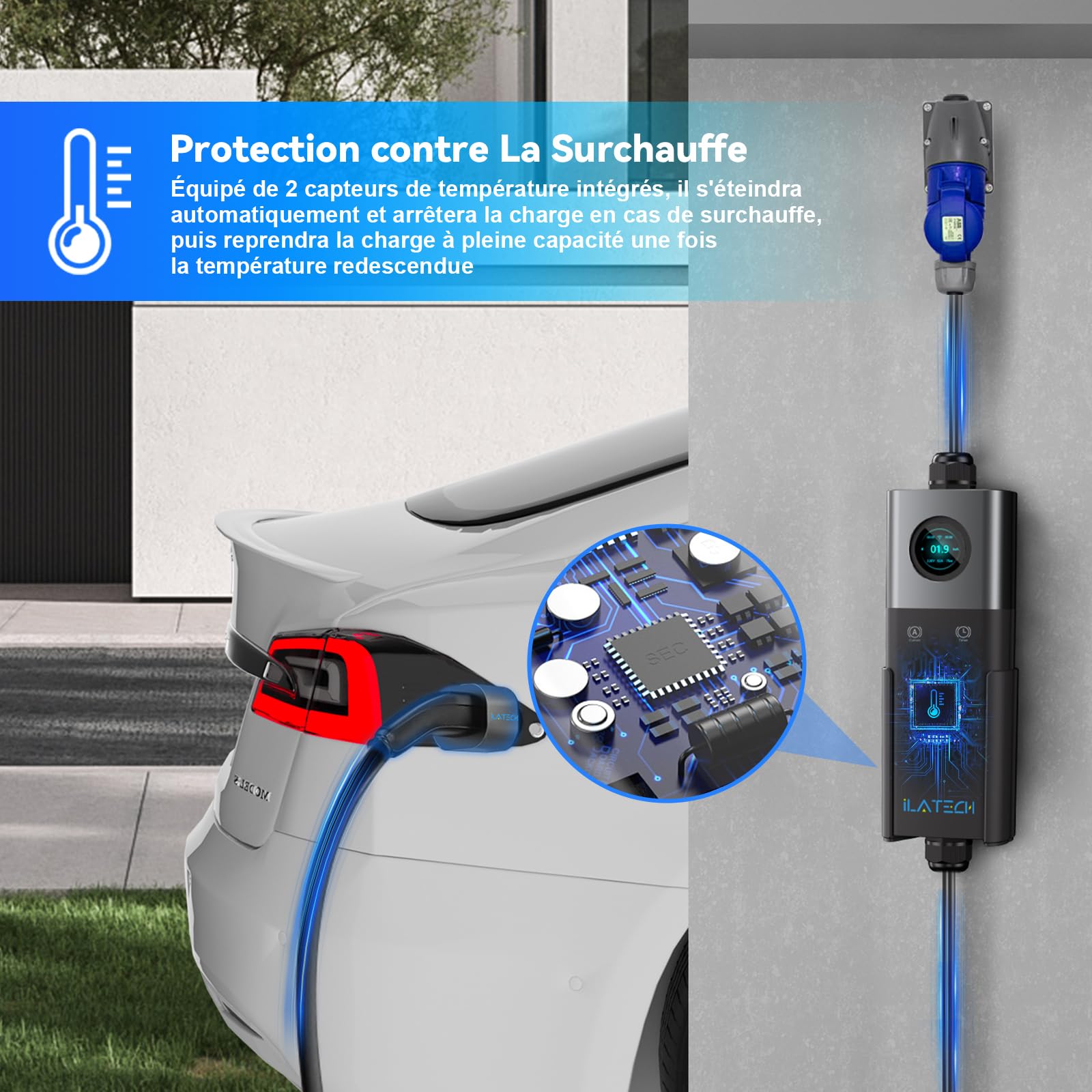 Kabel do ładowania typu 2, wtyczka CEE, 7 kW, 5 m, ładowarka EV 32 A, 1-fazowa z regulowaną mocą ładowania, wyświetlacz LCD, poziom ochrony IP65, przenośna skrzynka ścienna z uchwytem na