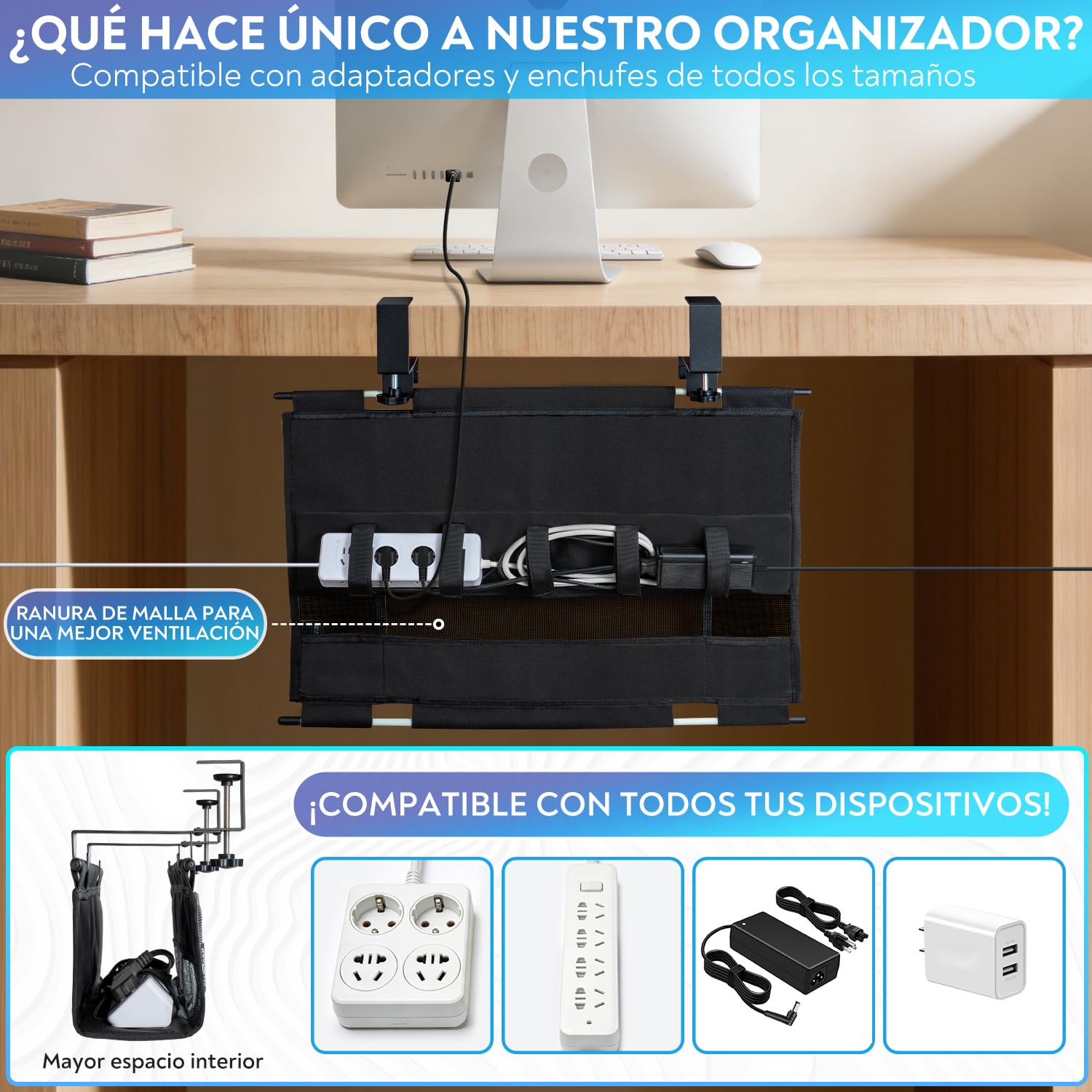 Organizador de Cables Escritorio de Tela, Montaje con Abrazadera o Tornillos, Bandeja Cables Escritorio Que Recoge, Organizer y Ocultar, Management Under Desk Kit para Oficina en Casa — view 2