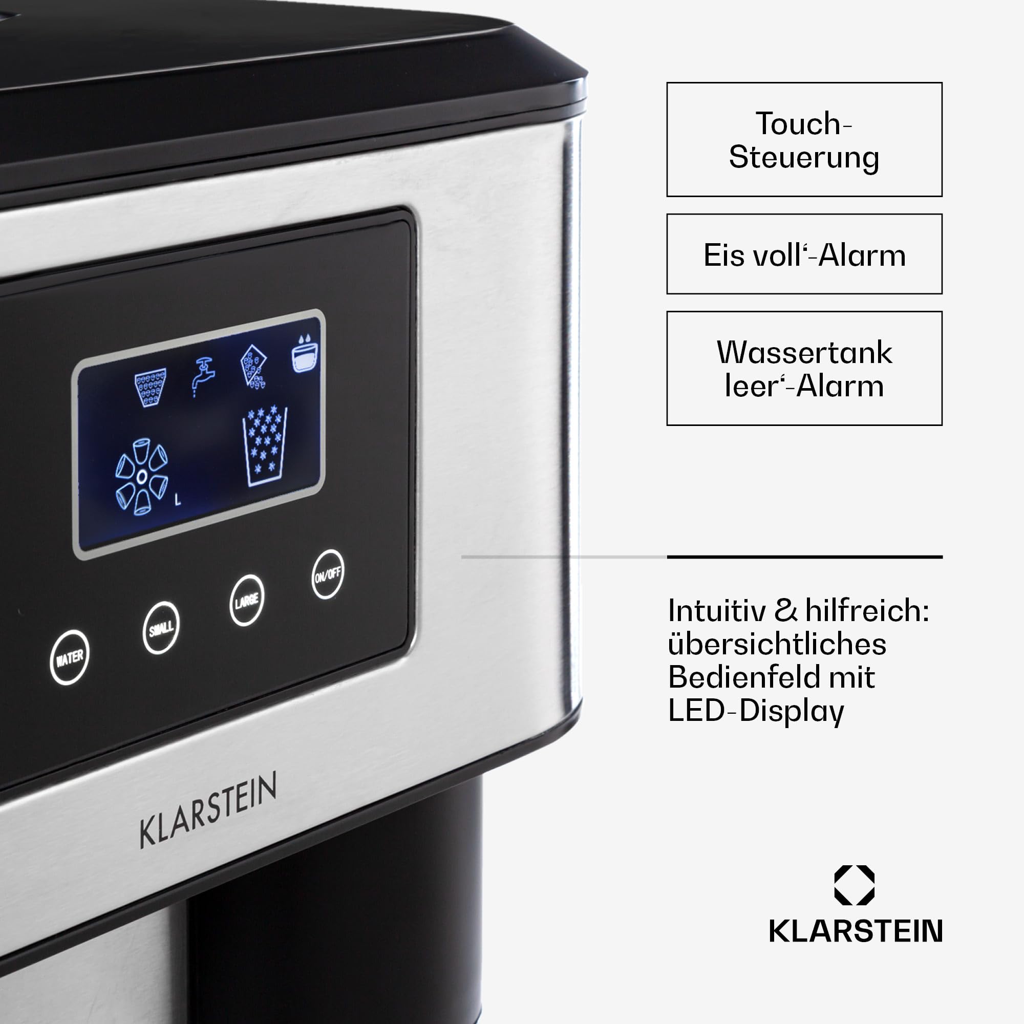 Klarstein Eiszeit Crush Eiswürfelmaschine Edelstahl/Silber – 1,8 L Tank, 15 kg/24 h, Eis in 12 Min, ~16 Würfel/Zyklus | Würfel & Crushed Ice, Touch-Display, Voll- & Wasser-Alarm