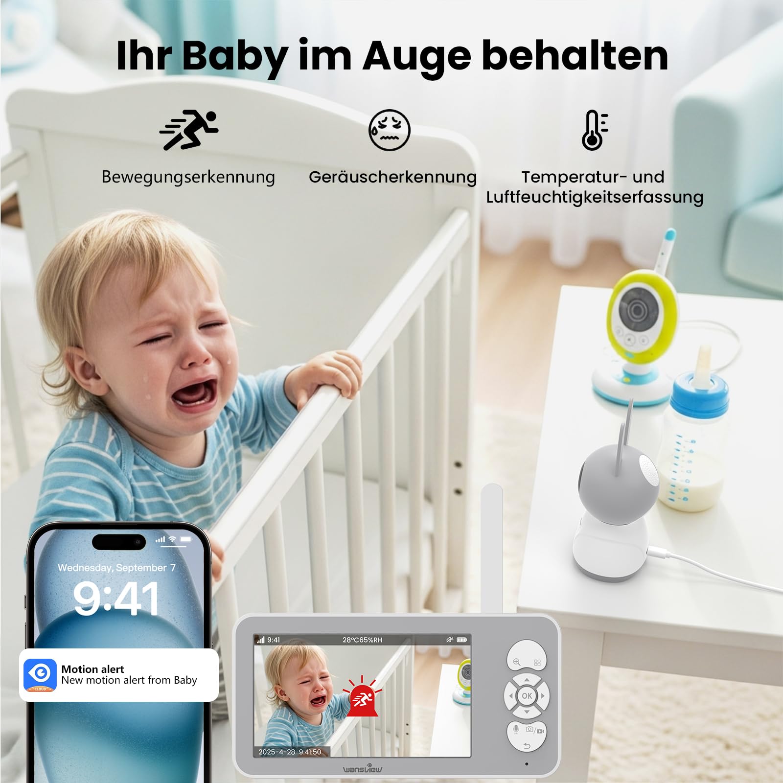 wansview Babyphone mit Kamera 2,4/5 GHz WLAN- 5" 1080P Video babyfone mit App, Baby Camera mit IR Nachtsicht, Automatische Verfolgung, Zwei-Weg-Audio, Temperatur- und Bewegungs-/Geräuscherkennung