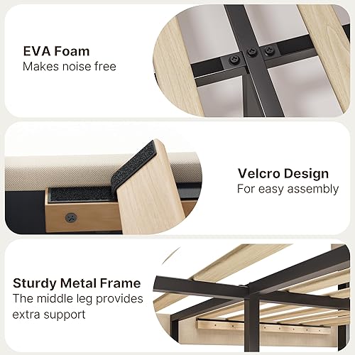 Miniatura 7 de Gizoon Base de cama Queen con cabecero, cama de plataforma tapizada con listones de madera resistentes, sin ruido, no necesita somier, fácil