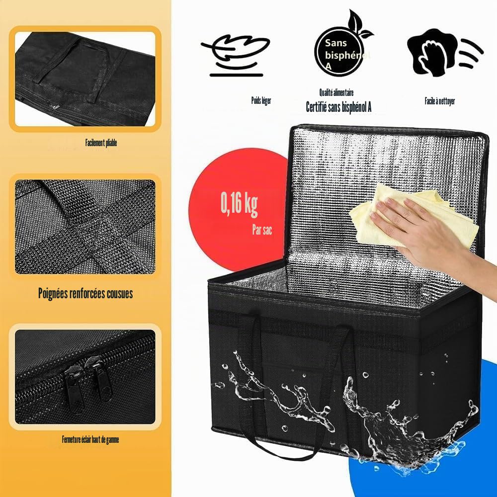 Sac de livraison de nourriture isotherme XXL 80 litres sac de livraison isotherme pliable polyvalent pour Uber Eats Doordash grand sac à pizza isotherme transport de nourriture ou d'épicerie
