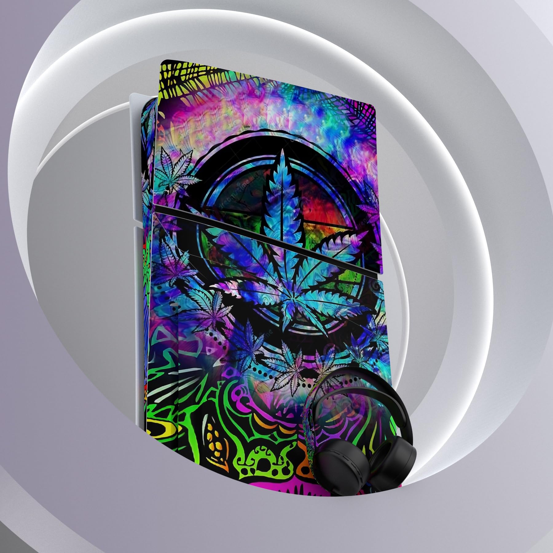 playvital Autocollant Protection pour ps5 Slim Standard Console, Sticker Skin pour ps5 Manette & Télécommande & Casque & Station de Charge,Disc Edition-Feuille Psychédélique