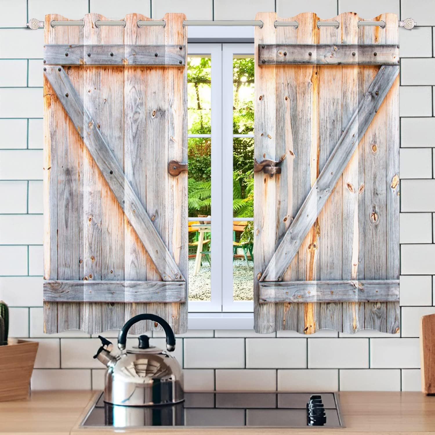Rustic Barn Door Blackout Curtains Wooden Plank Old Wood Farmhouse Countryside Rural Life Vintage Retro Living Room Bedroom Window Drapes Kitchen 2 Panels 21x45 inches