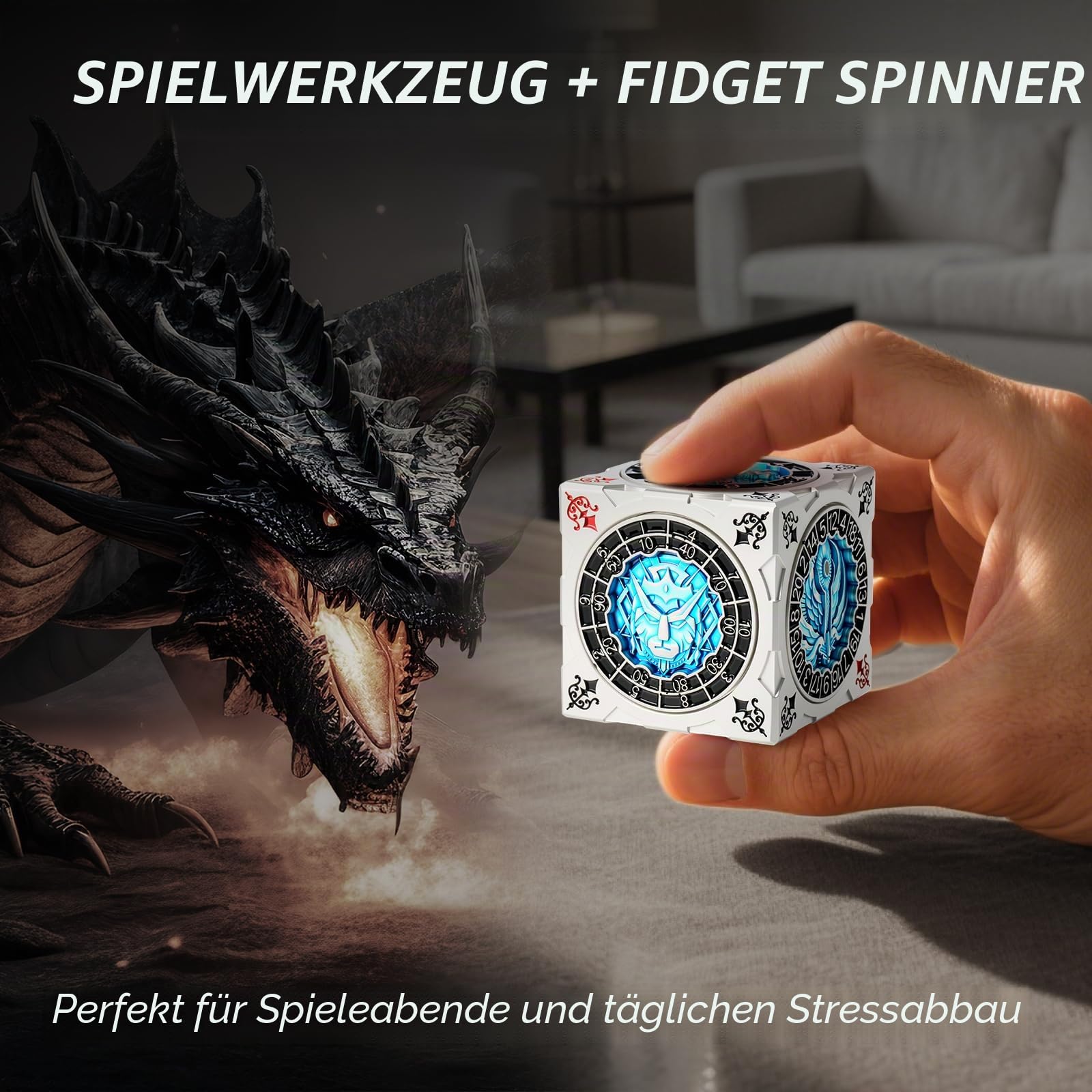 DNDND 7-in-1 Spinner Würfel mit Geschenkbox - Goristro und Couatl Themed D&D Collector's Set für TTRPG, für Dungeon Masters und Spieler (Silber & Blau)