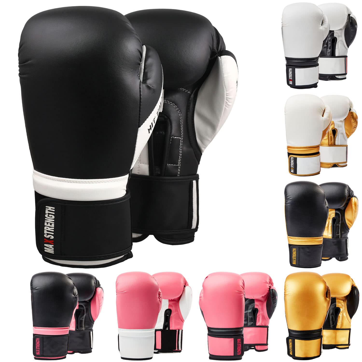 Max Strength Boxing Gloves MMA Sparring Kickboxing Punch Bag Training Muay Thai Fighting Men Women Adult (12oz, Black/White)