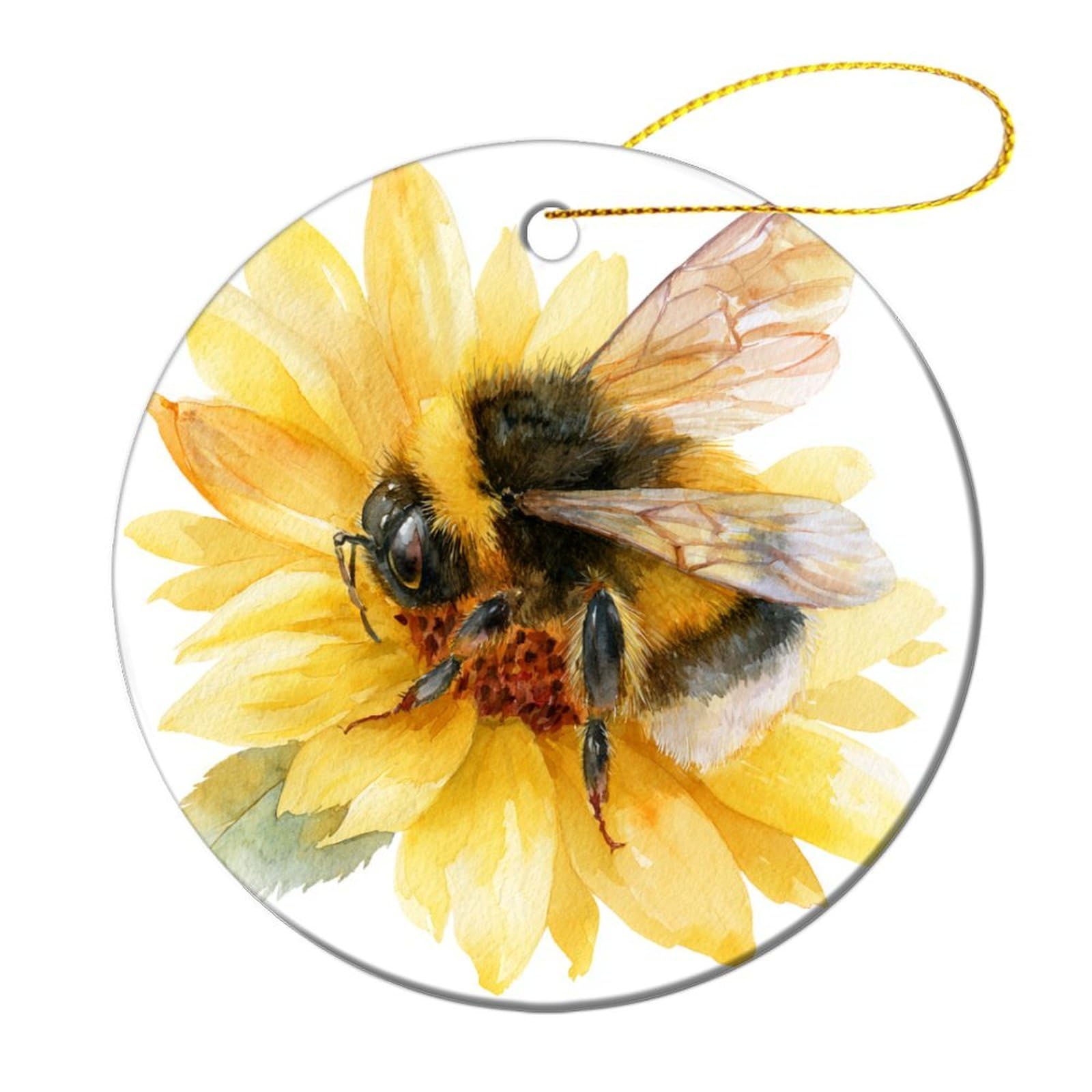 Watercolor A Bee on Sunflower Petal Christmas Tree Hanging Ornaments,2 Pieces, 7.2CM Round Double-Sided