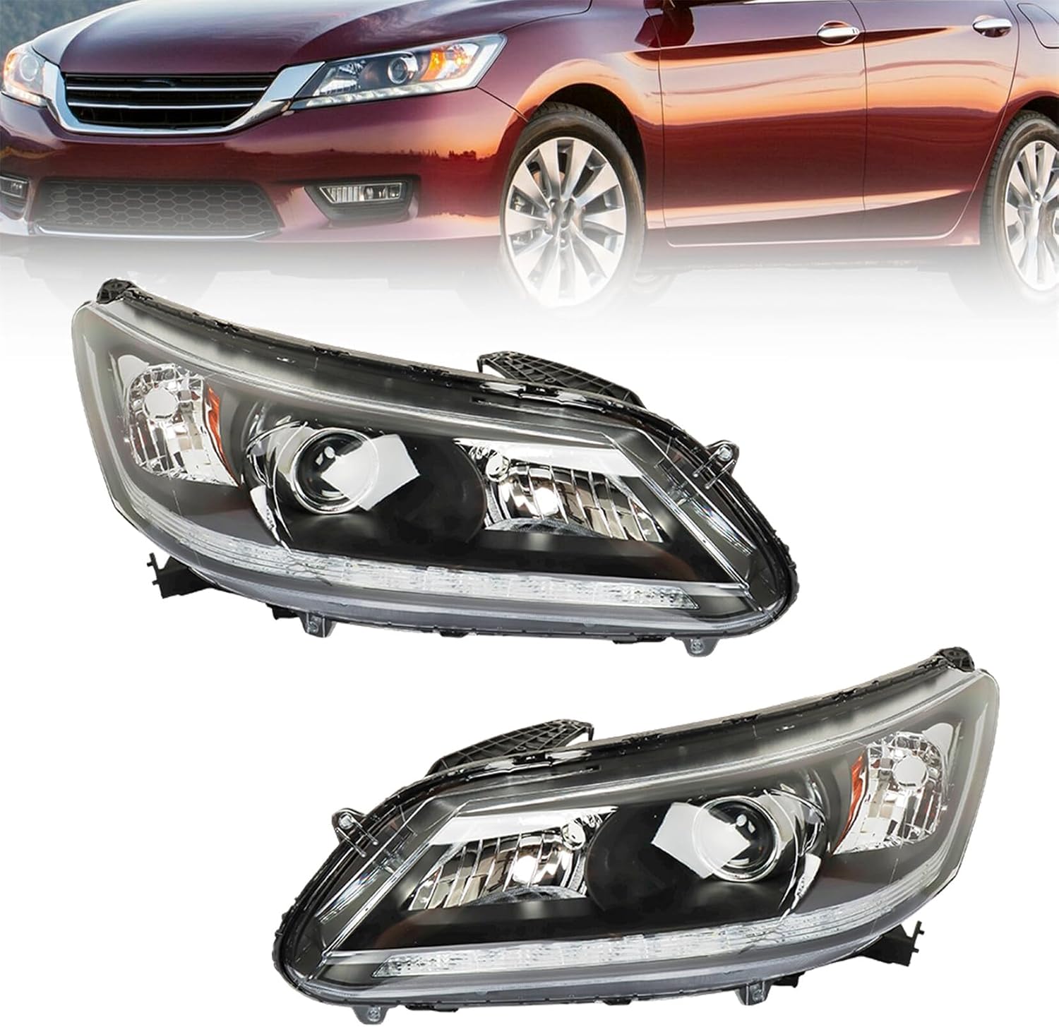 1 Pair Headlights for 2013 2014 2015 Accord Headlamp Assembly Halogen w/DRL Driver and Passenger Side RH&LH