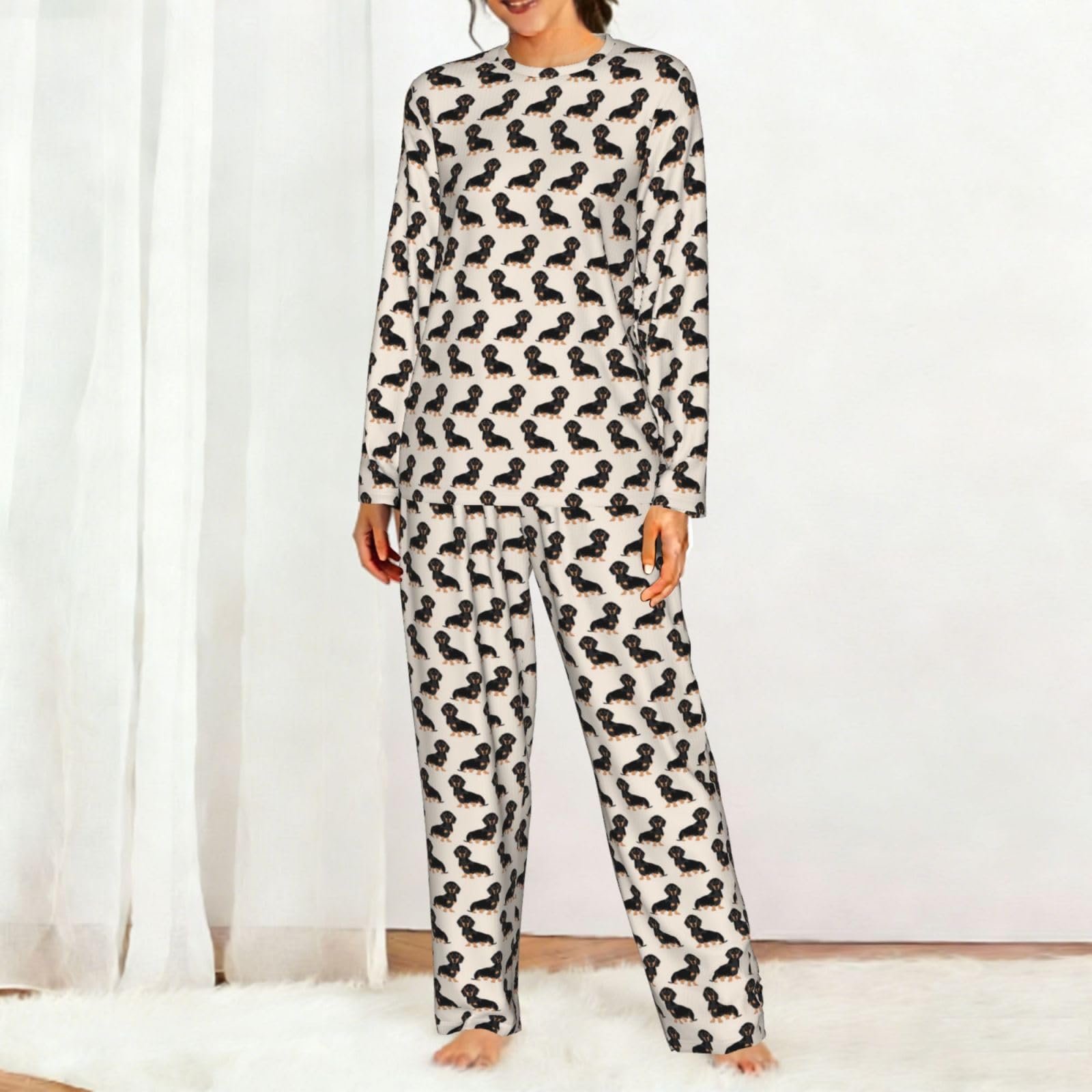Pigiama da donna a maniche lunghe con stampa cane carino set pigiama morbido elastico coulisse casual Daywear