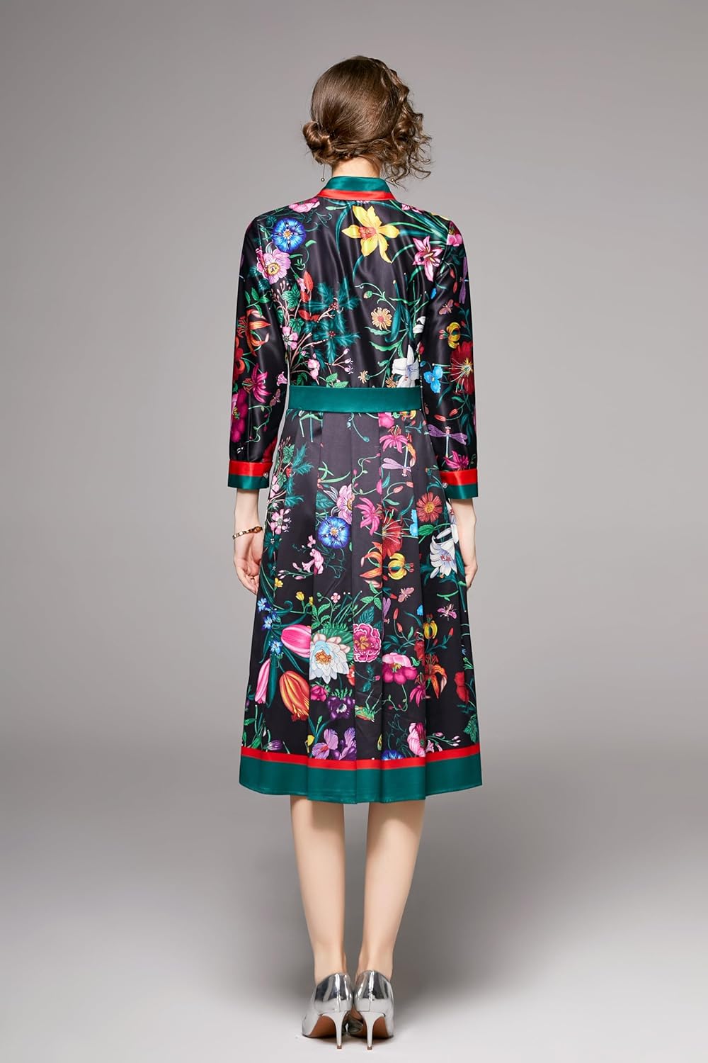 LAI MENG FIVE CATS Women's 3/4 Sleeve Floral Print Button up Casual A-line Flowy Midi Dress - Image 2