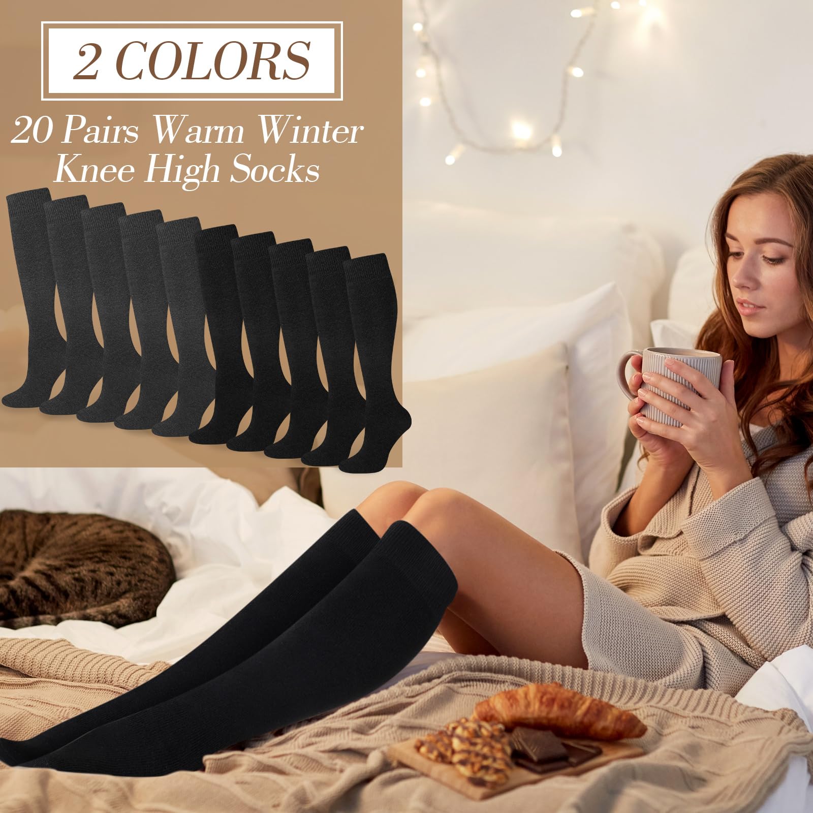 Ramede 20 pares de calcetines cálidos hasta la rodilla para mujer, calcetines térmicos largos de invierno gruesos para el trabajo y el hogar, regalos