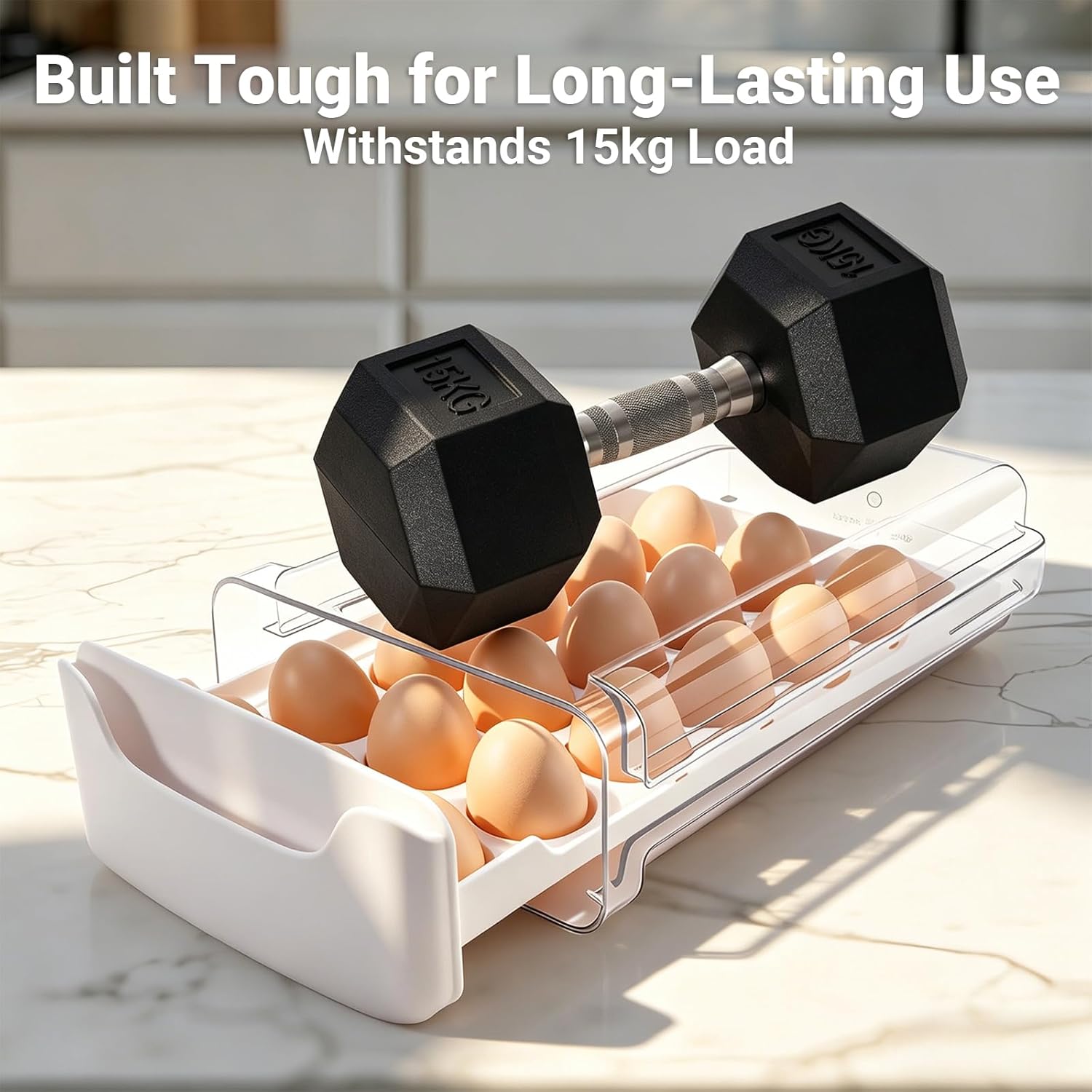 Egg-Holder for Fridge, 18 Egg-Storage for Refrigerator Countertop, 1 Tier Dispenser with Drawer, Stackable Clear Egg Tray Container, Egg Organizer, Fits Large Eggs, White