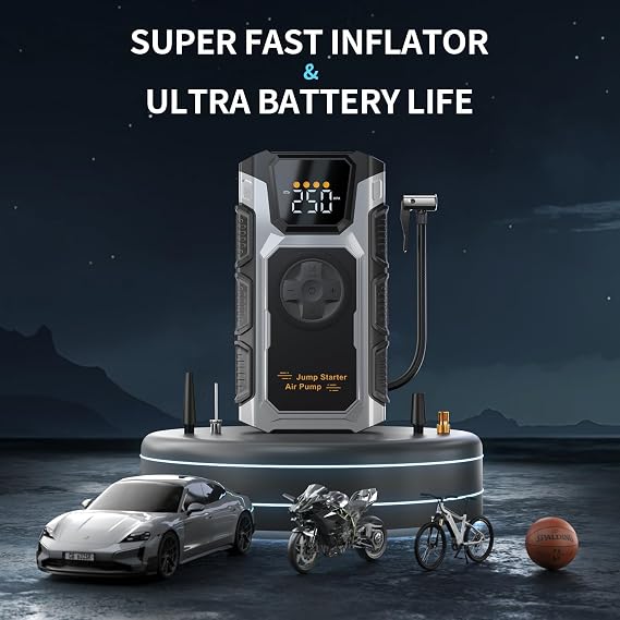 5500A Jump Starter with Air Compressor, 150PSI Portable Car Battery Charger Combo Tire Inflator for up to 9.5L Gas/8.0L Diesel, 12V Jump Box Auto Emergency Booster with LED Light, Smart Jumper Cables