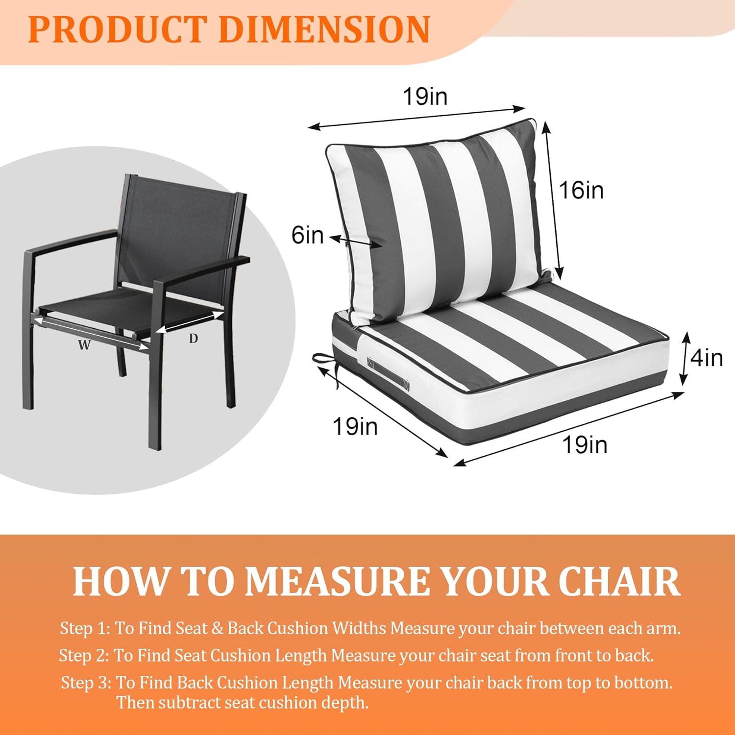19x19x4in,Set2,Outdoor Chair Cushions with Back, Deep Seat Patio Cushions with Hidden Zipper Ties Handle, Waterproof Patio Furniture Replacement Cushion for Rattan Sofa,Black White Striped